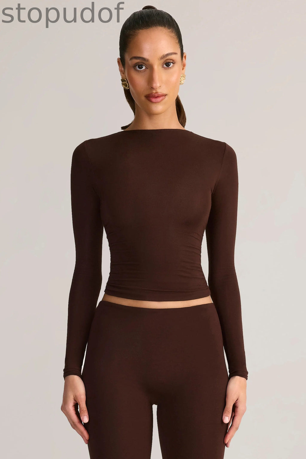 Modal Ruched Long-Sleeve Top in Chocolate Brown