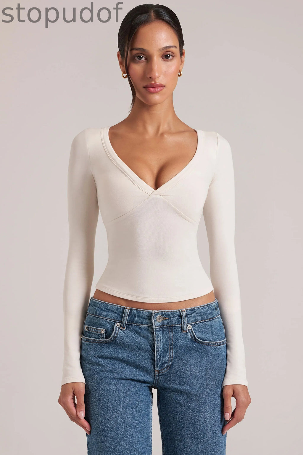 V-Neck Long-Sleeve Top  in Vanilla