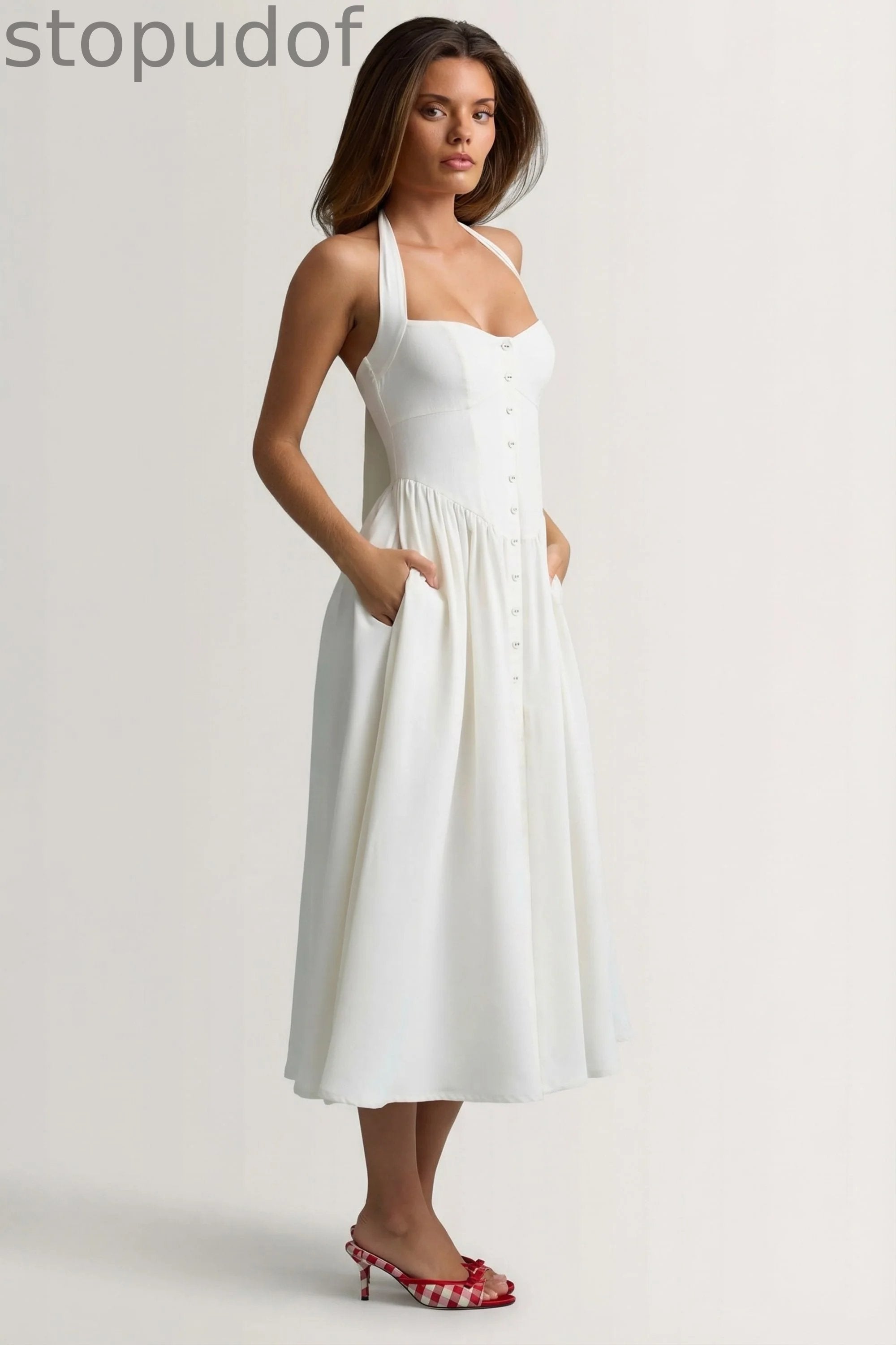 Button-Detail Halterneck Midaxi Dress in White