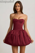 Convertible Bow-Detail Bubble Hem Midaxi Dress in Wine Red