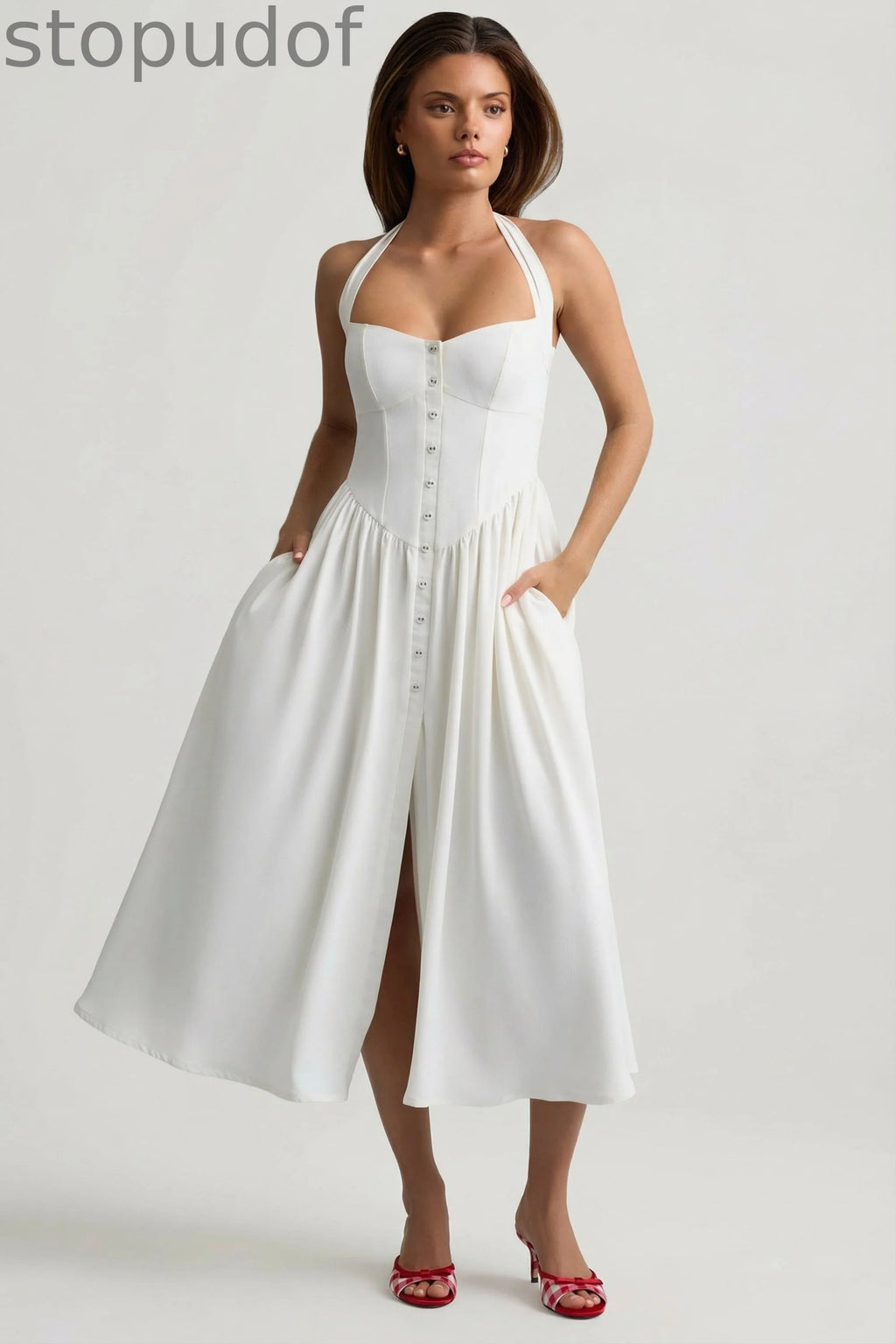 Button-Detail Halterneck Midaxi Dress in White