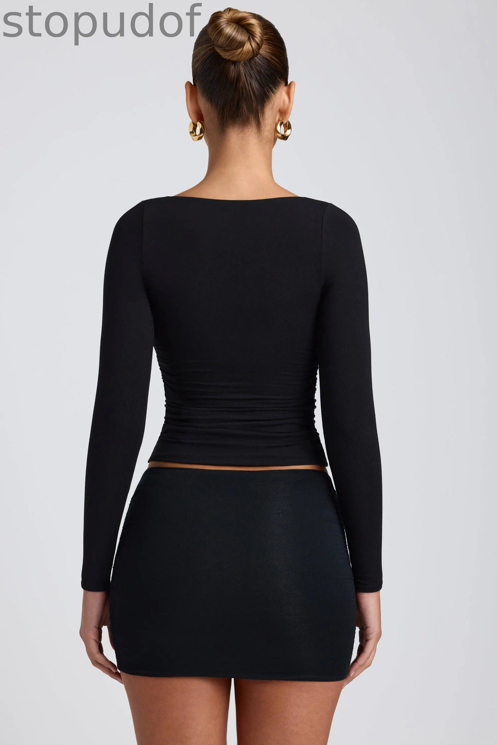 Modal Ruched Long-Sleeve Top in Black