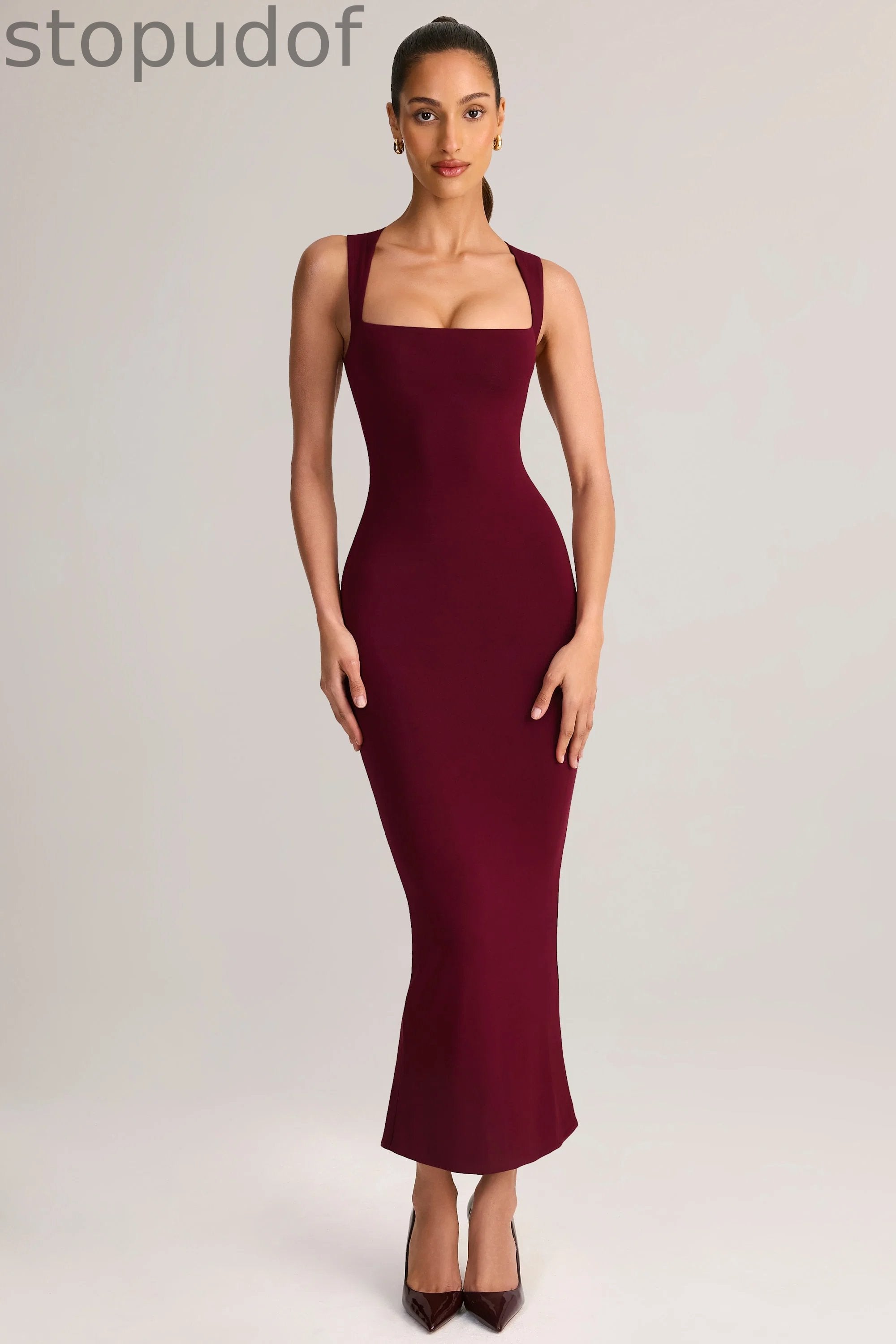 Modal Square-Neck Bodycon Midi Dress in Wine