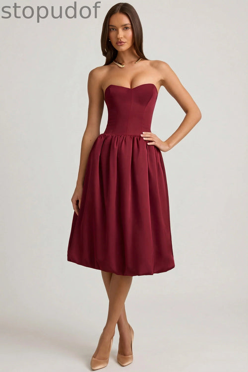 Convertible Bow-Detail Bubble Hem Midaxi Dress in Wine Red