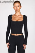 Ribbed Modal Square-Neck Long-Sleeve Top in Black