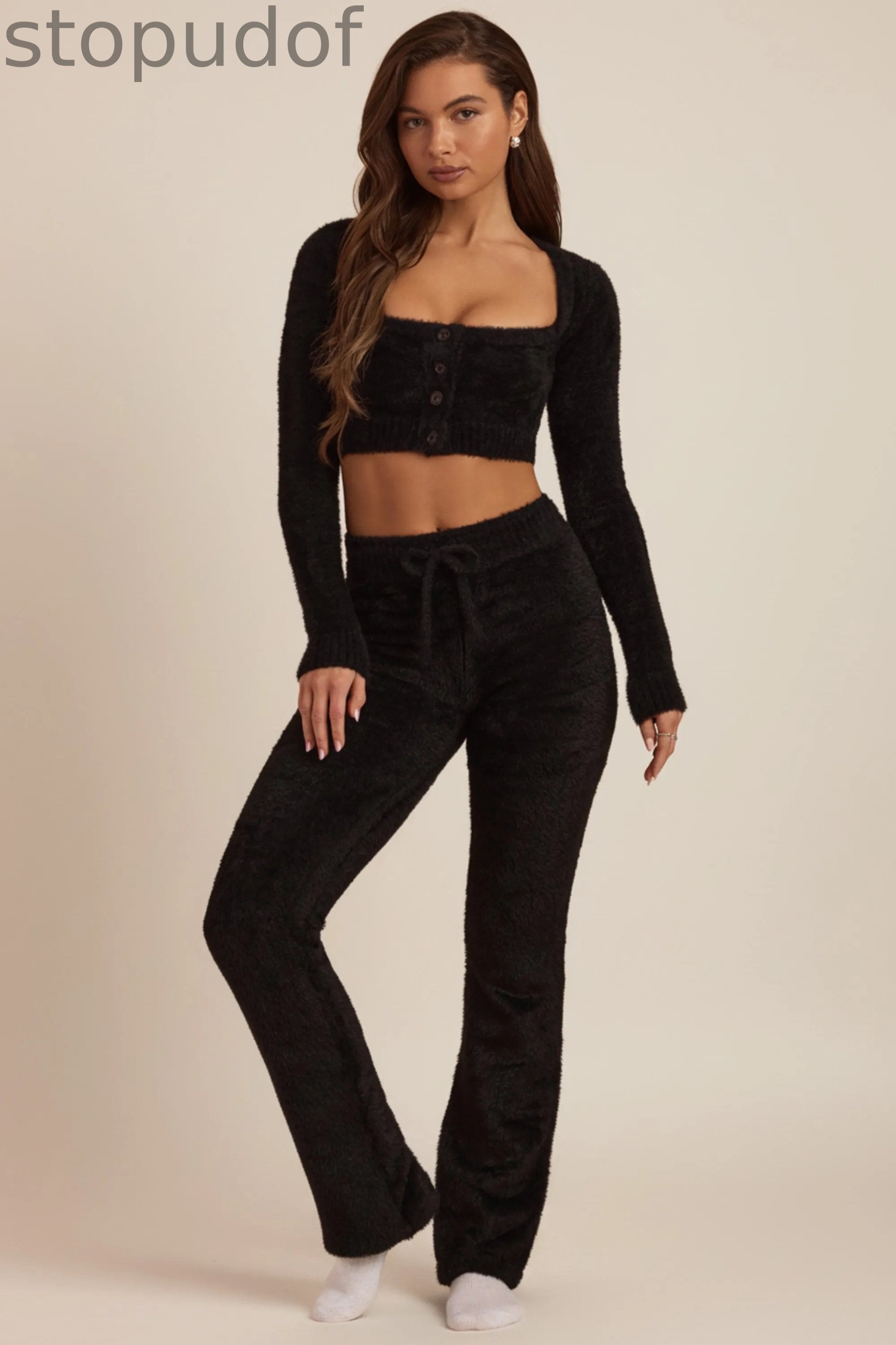 Fluffy Knit Wide-Leg Trousers in Black