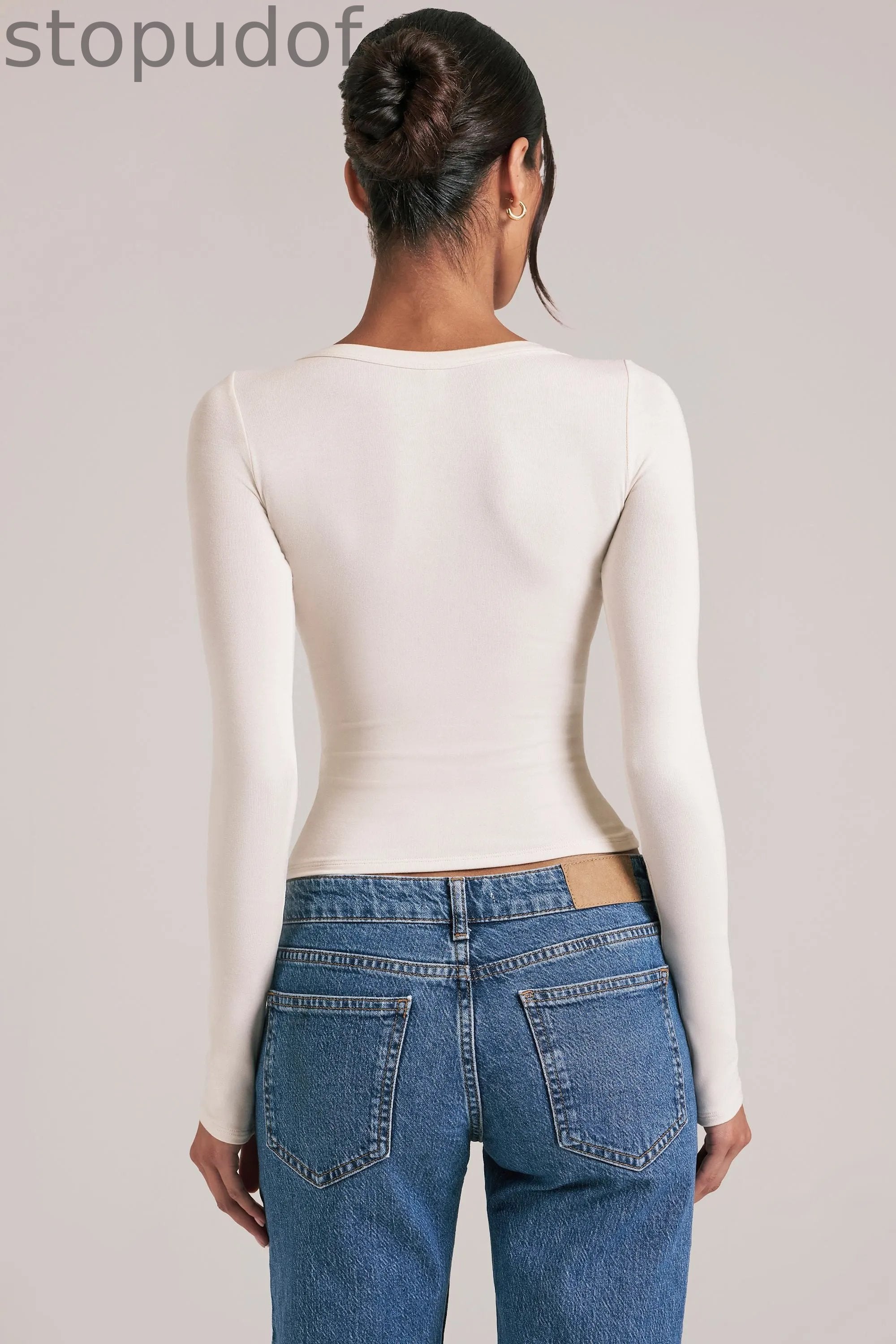 V-Neck Long-Sleeve Top  in Vanilla