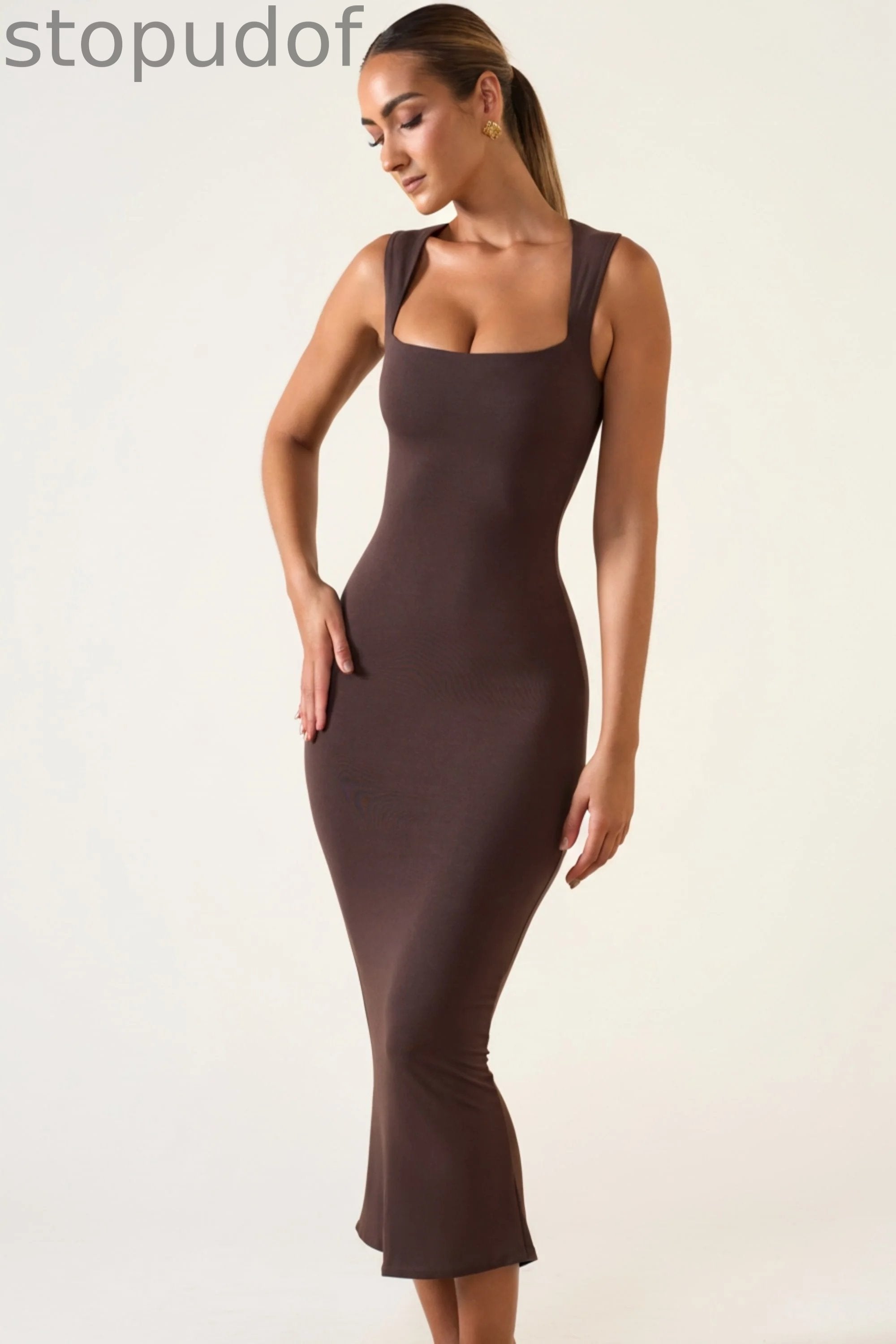 Square Neck Midi Dress in Chocolate Brown
