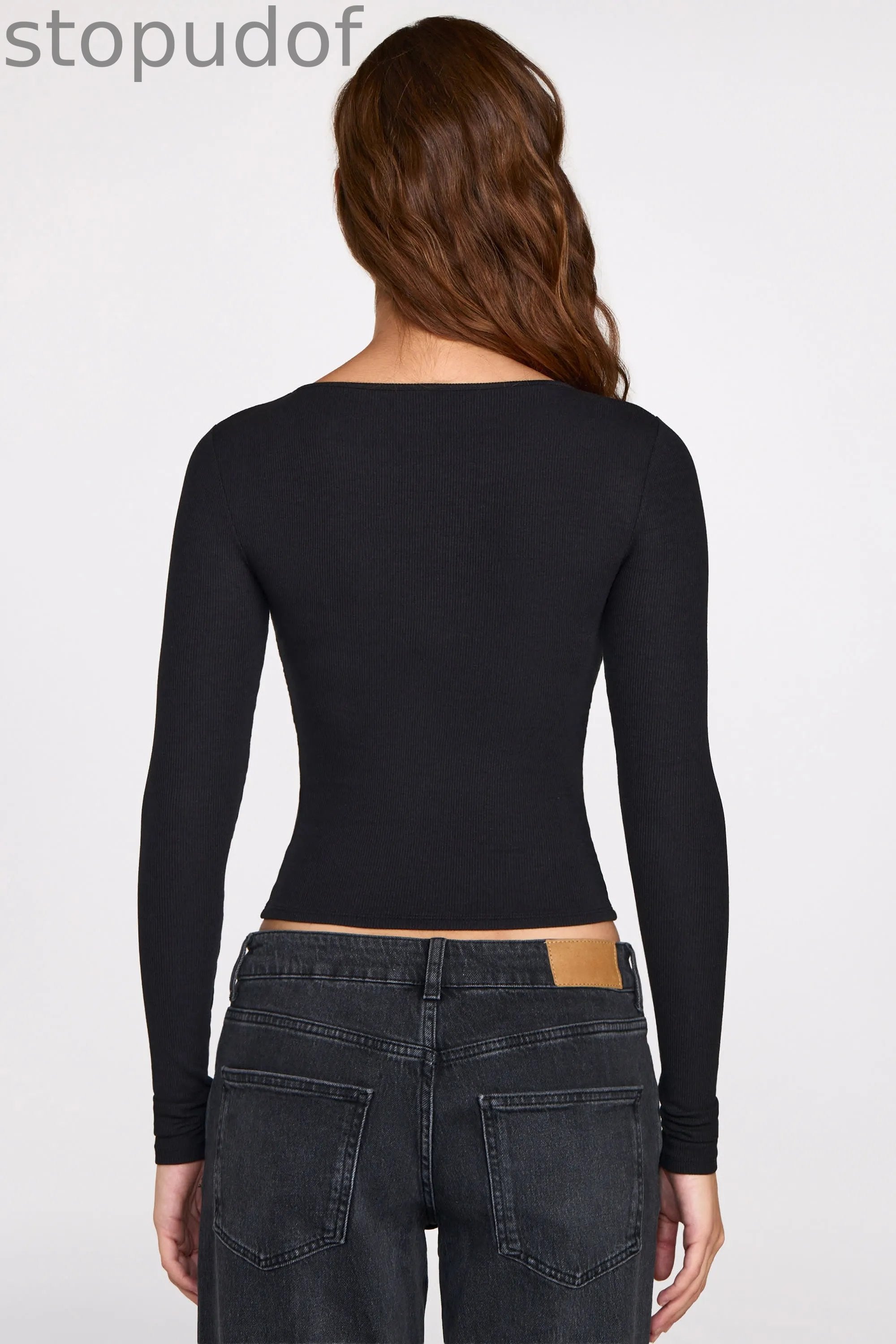 Ribbed Modal Ruched Long-Sleeve Top in Black