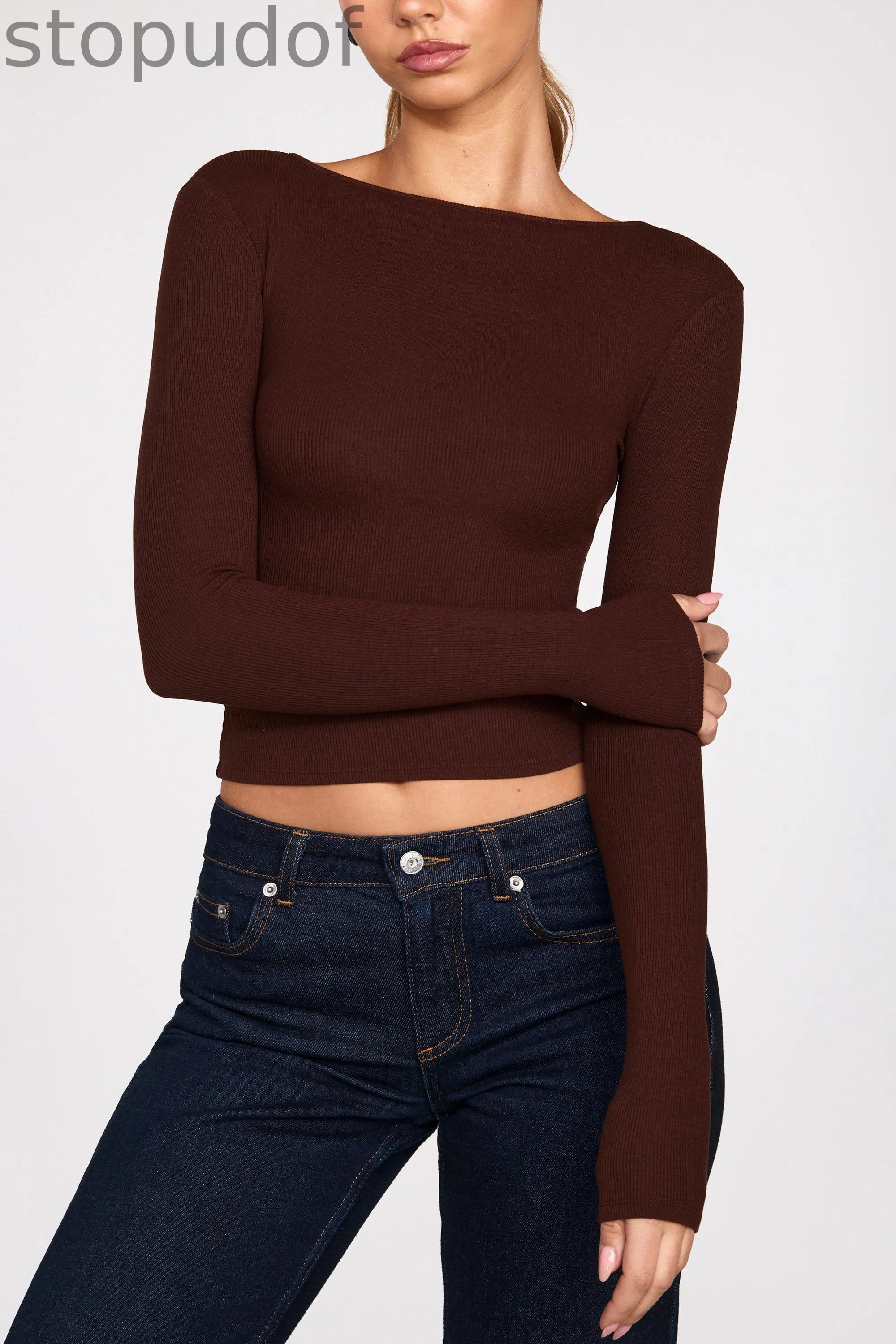 Ribbed Modal Ruched Long-Sleeve Top in Chocolate Brown