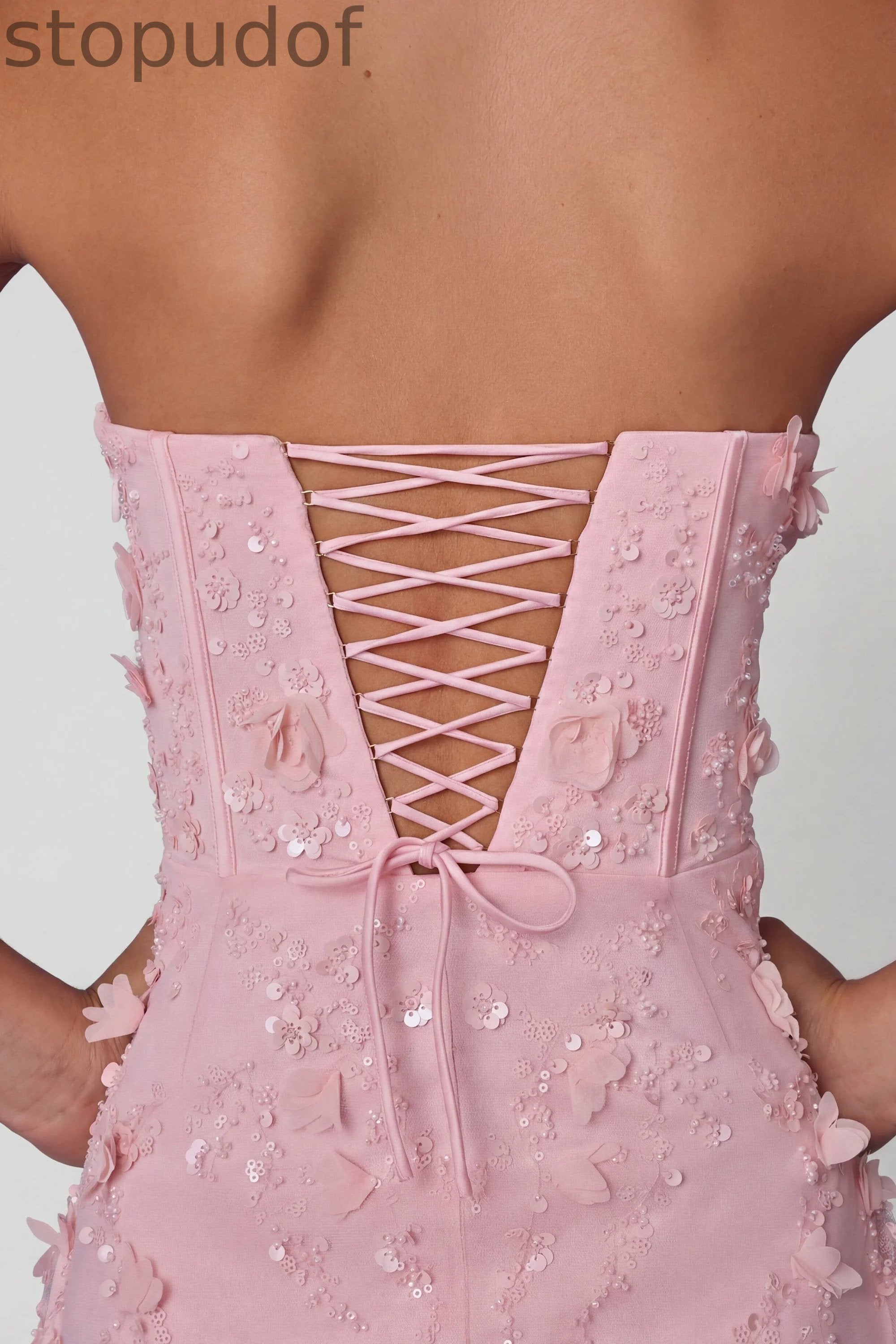 Lace-Up Corset Midaxi Dress with Split in Soft Pink