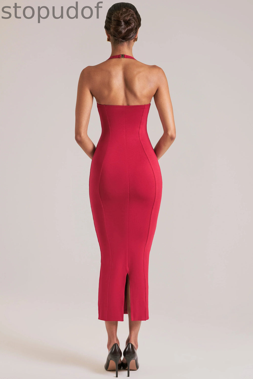 Halterneck Midaxi Dress in Cherry Red
