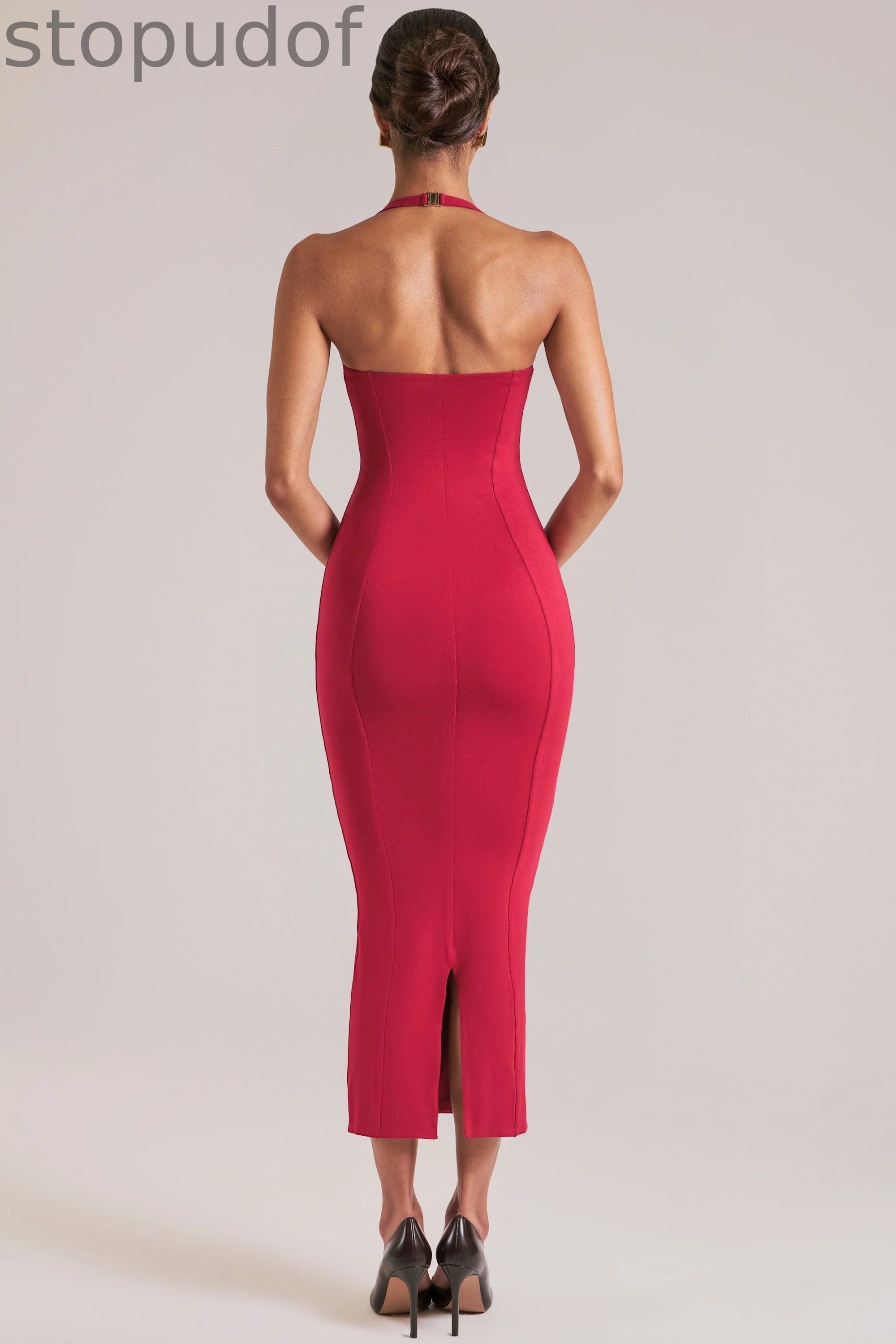 Halterneck Midaxi Dress in Cherry Red
