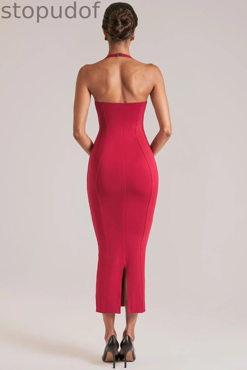 Halterneck Midaxi Dress in Cherry Red