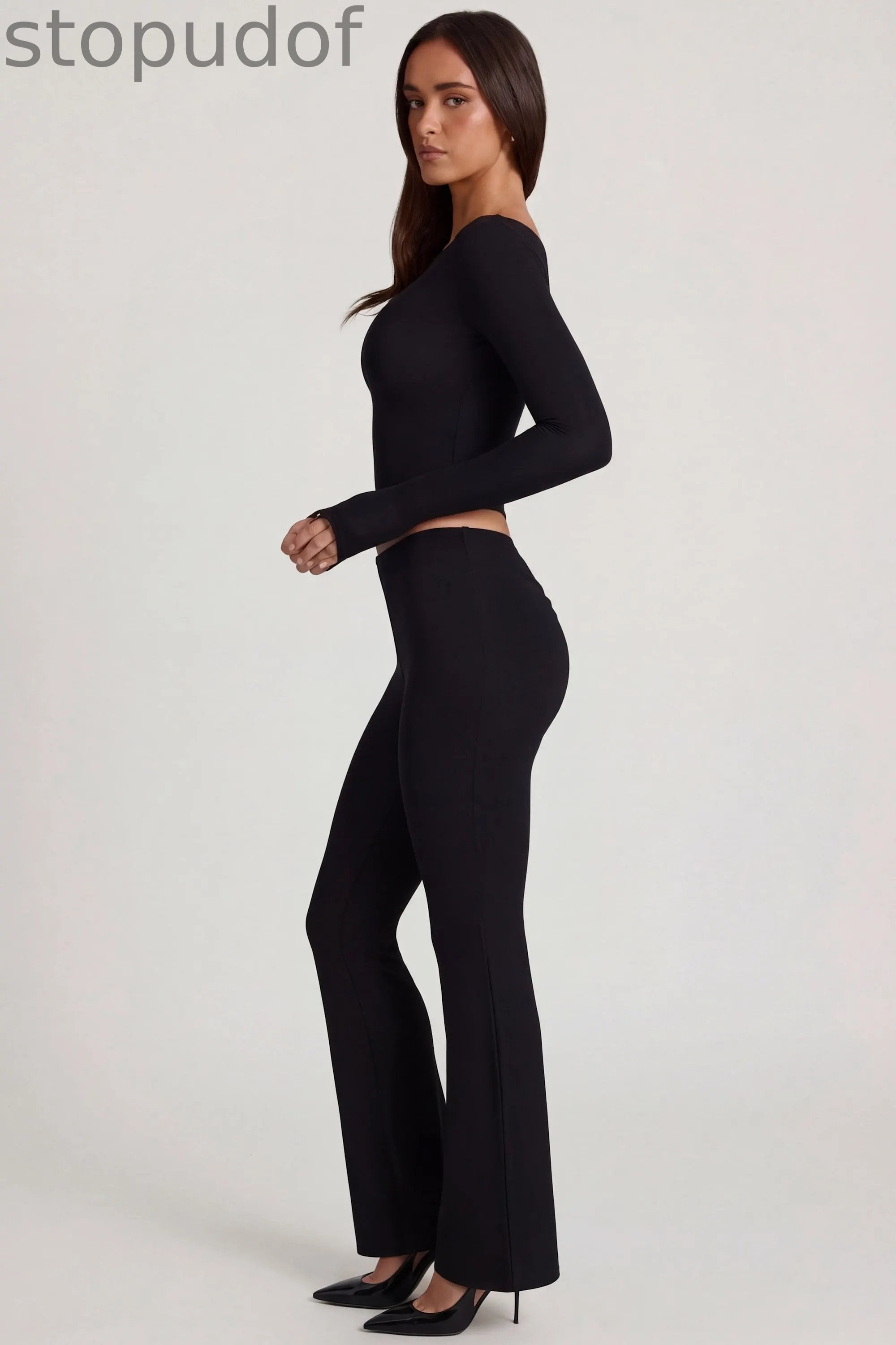 Modal Mid-Rise Flared Trousers in Black