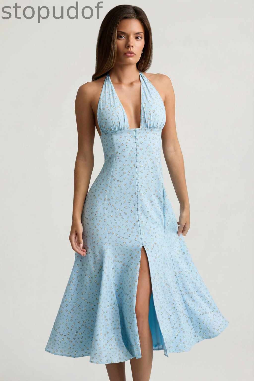 Halterneck Midaxi Dress in Blue Flower Print