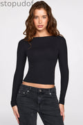 Ribbed Modal Ruched Long-Sleeve Top in Black