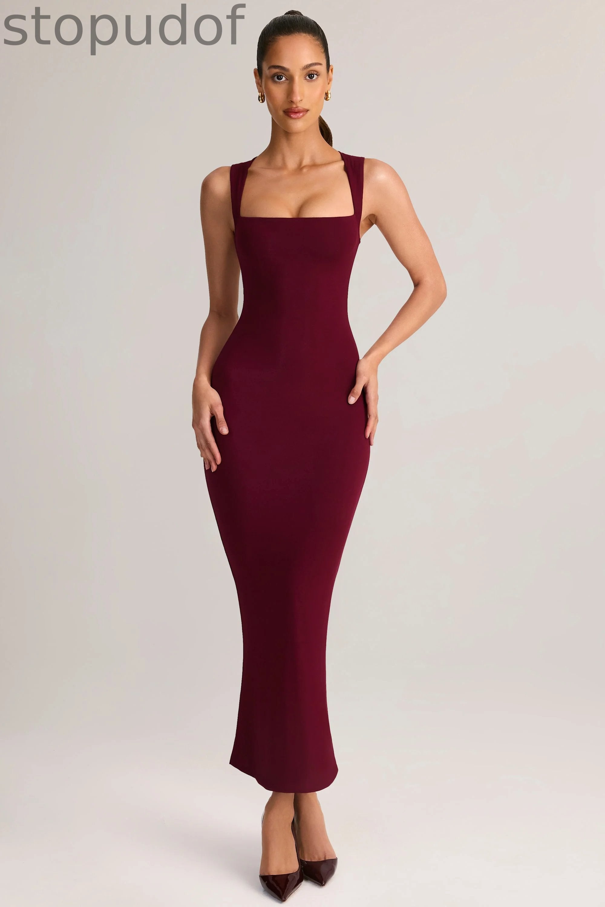 Modal Square-Neck Bodycon Midi Dress in Wine