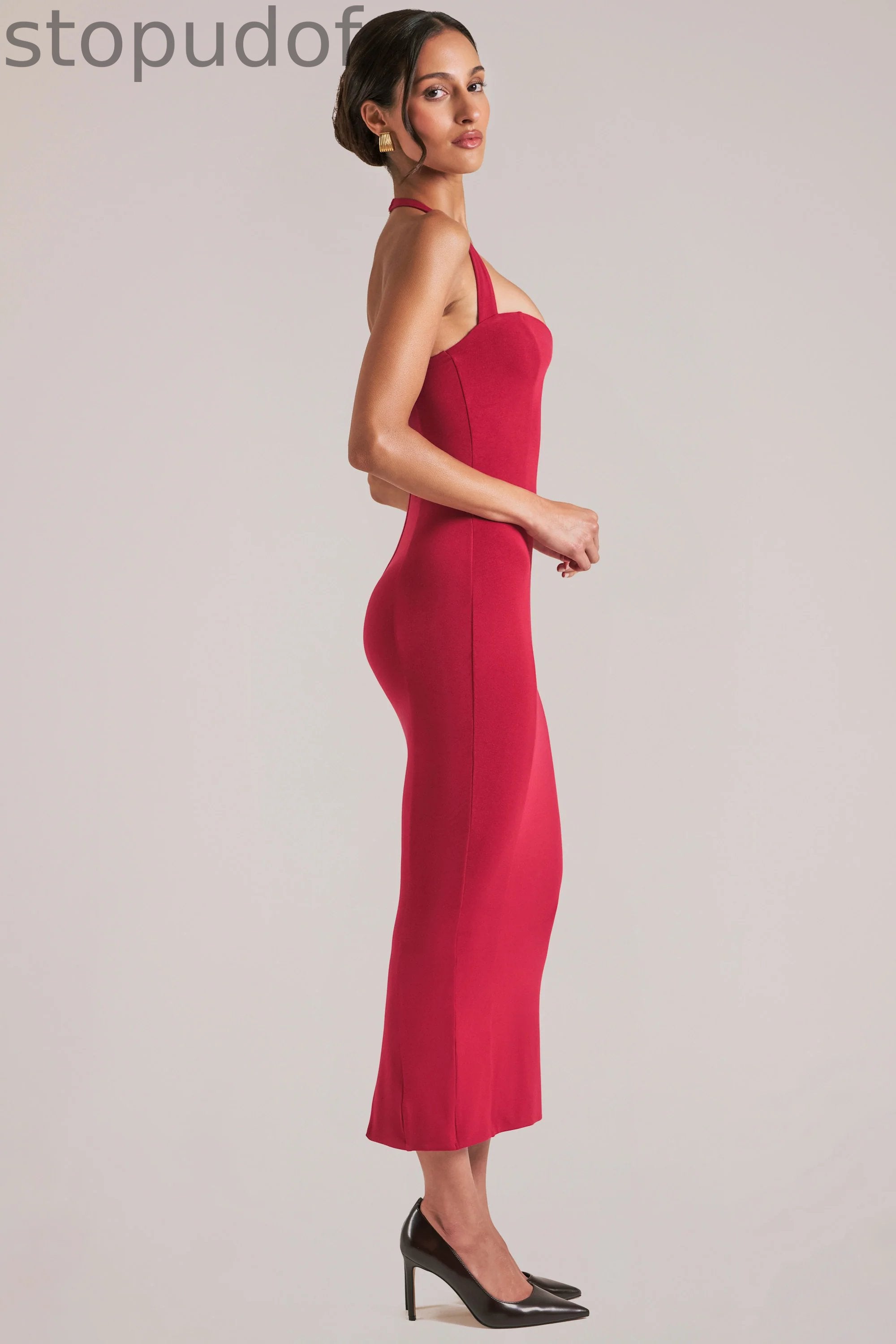 Halterneck Midaxi Dress in Cherry Red