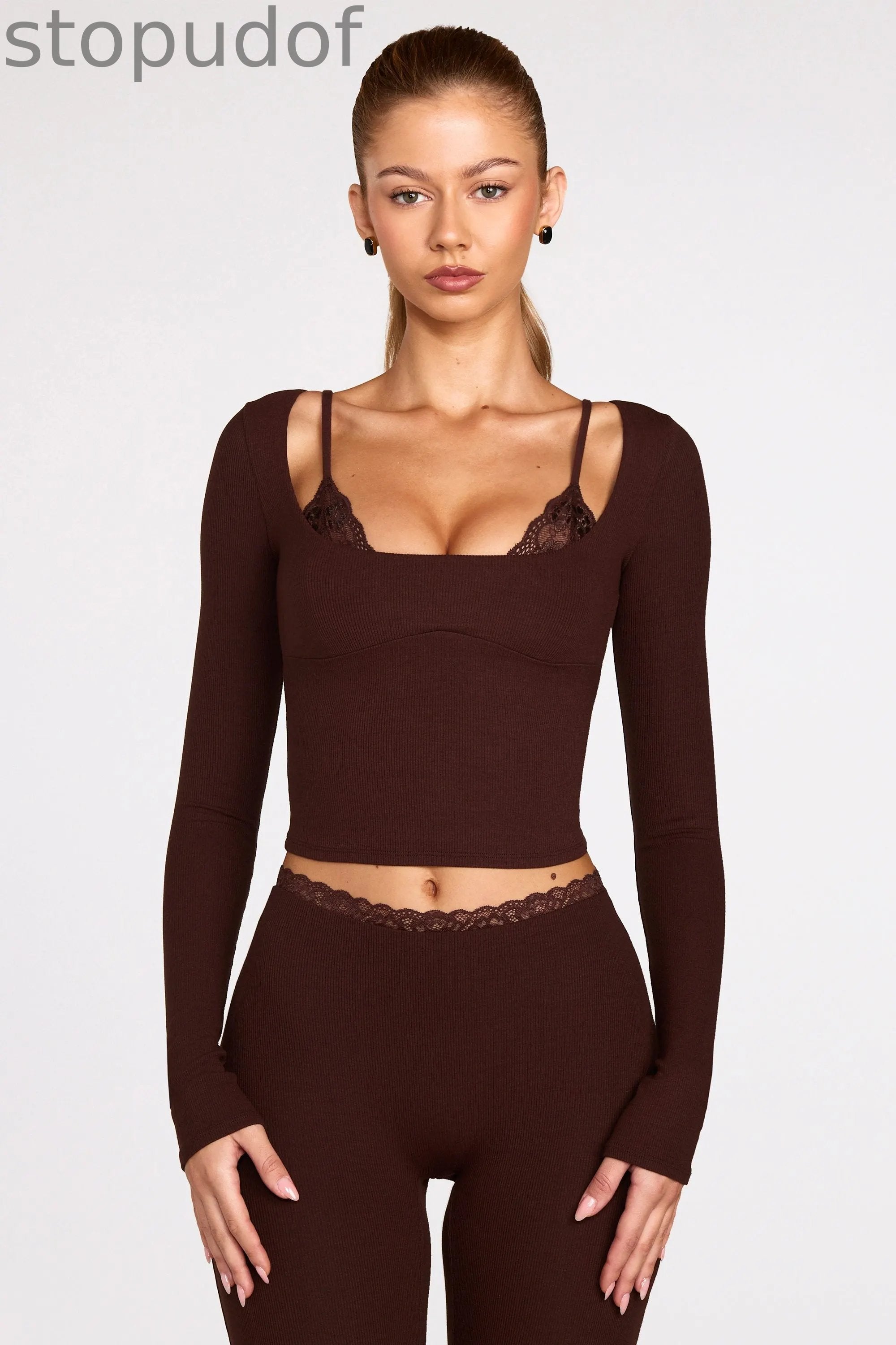 Ribbed Modal Long-Sleeve Laced Bra Top in Chocolate Brown
