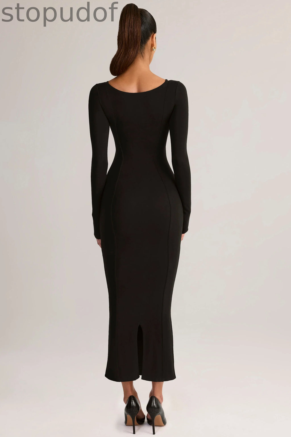 Modal Peekaboo Long-Sleeve Midi Dress in Black