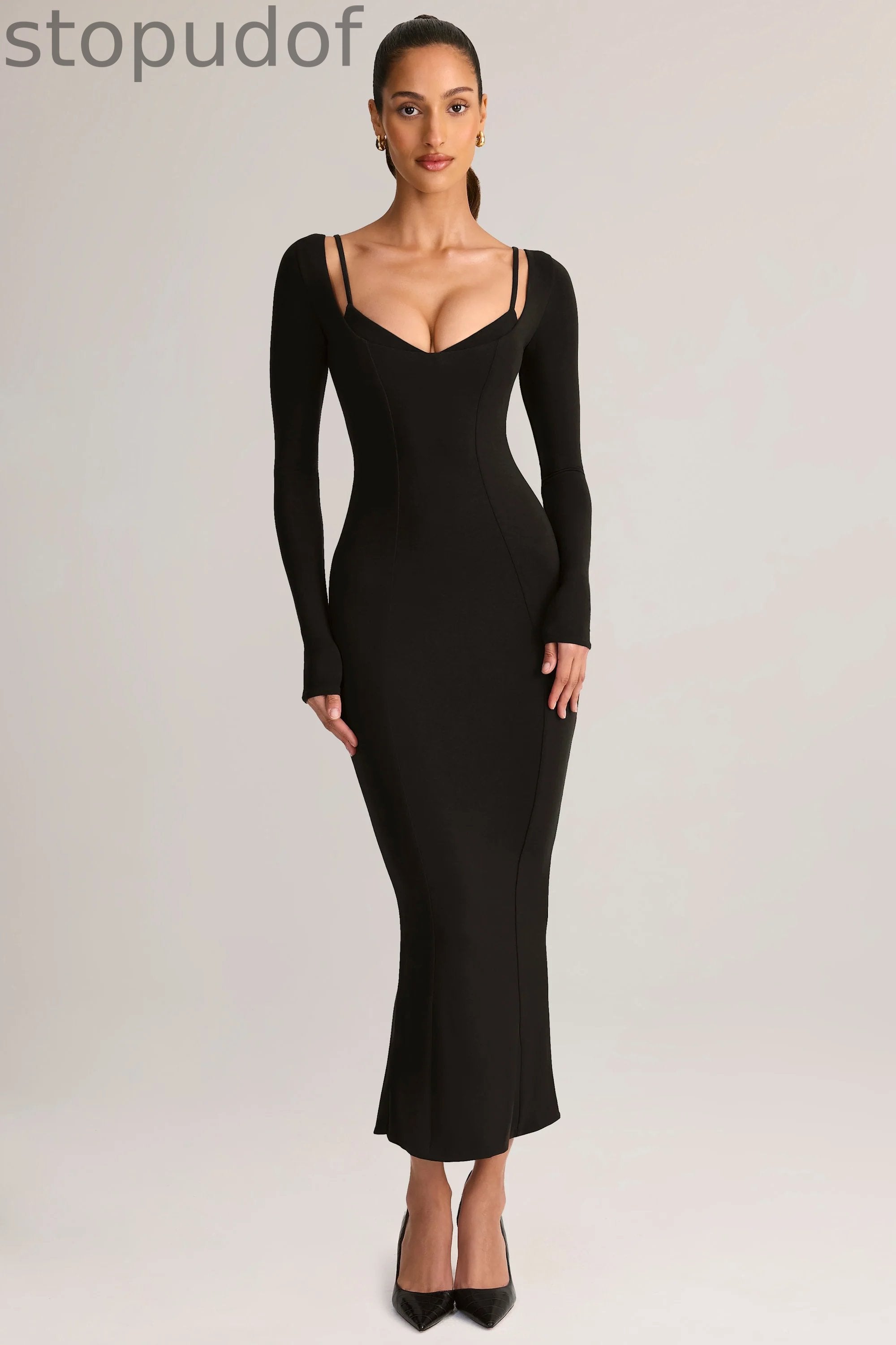 Modal Peekaboo Long-Sleeve Midi Dress in Black