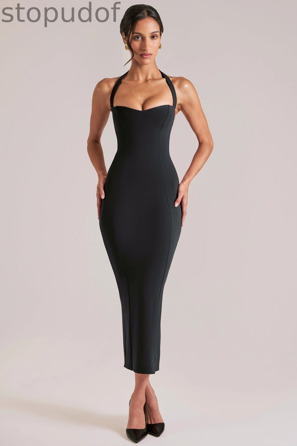 Halterneck Midaxi Dress in Black