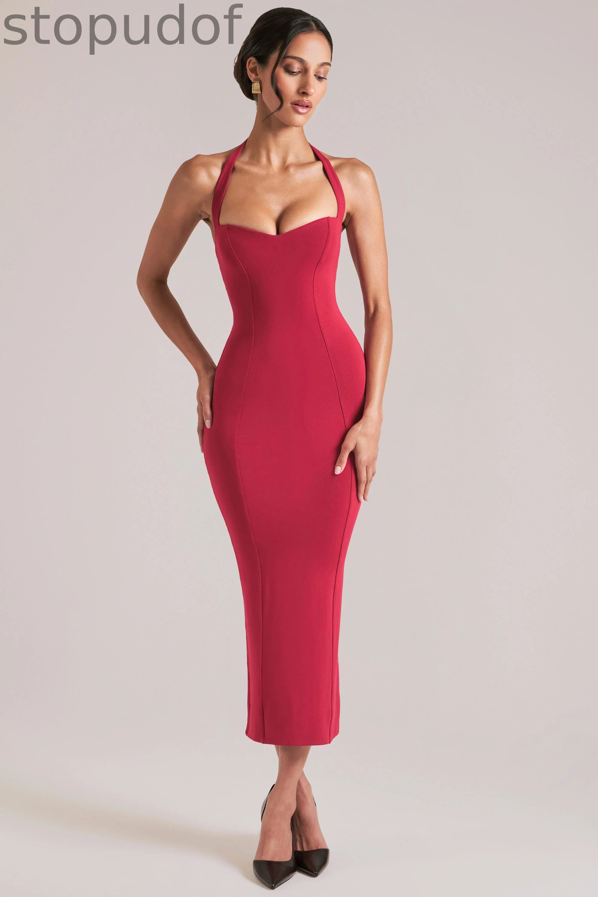 Halterneck Midaxi Dress in Cherry Red