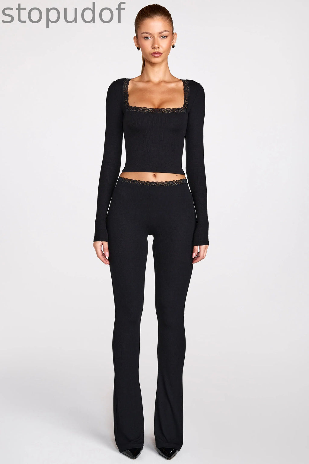 Ribbed Modal Square-Neck Long-Sleeve Top in Black