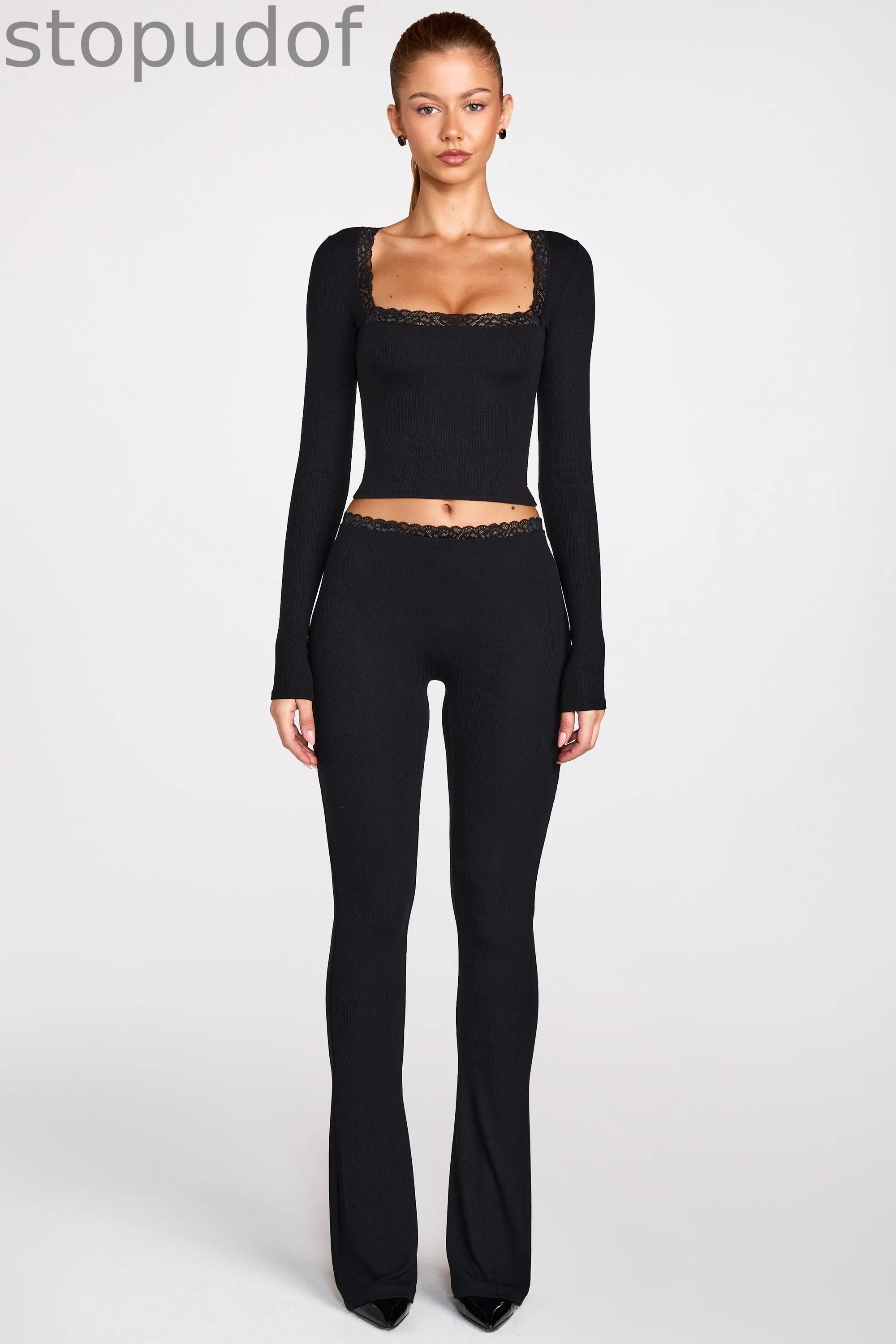 Ribbed Modal Square-Neck Long-Sleeve Top in Black