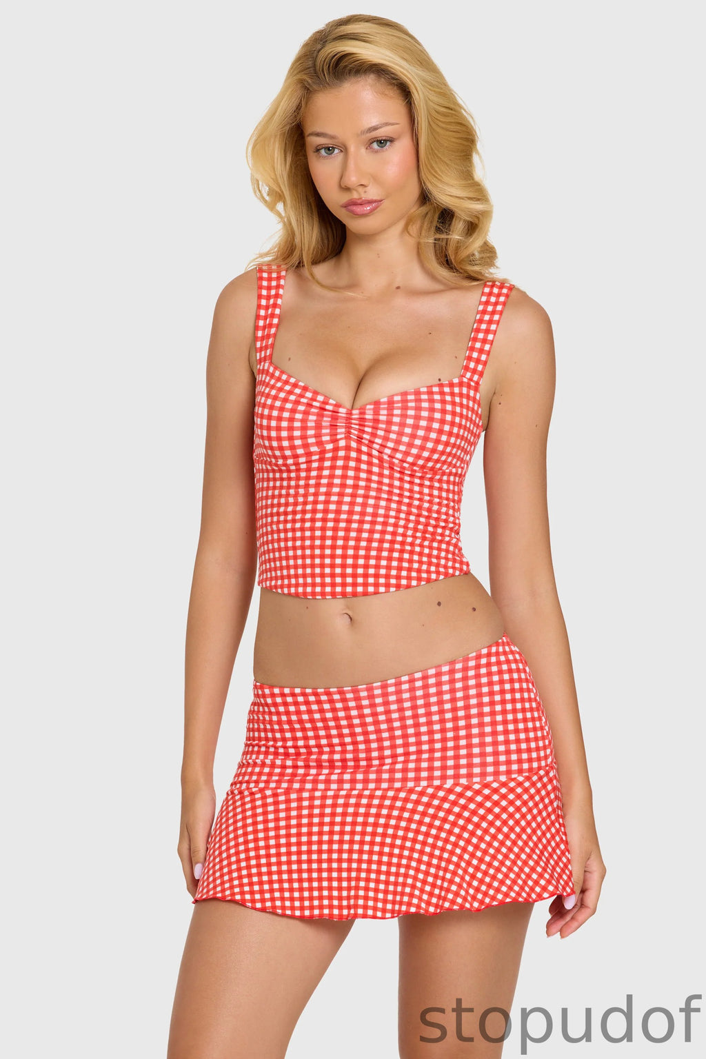 Modal Ruched Bust Top in Red Gingham