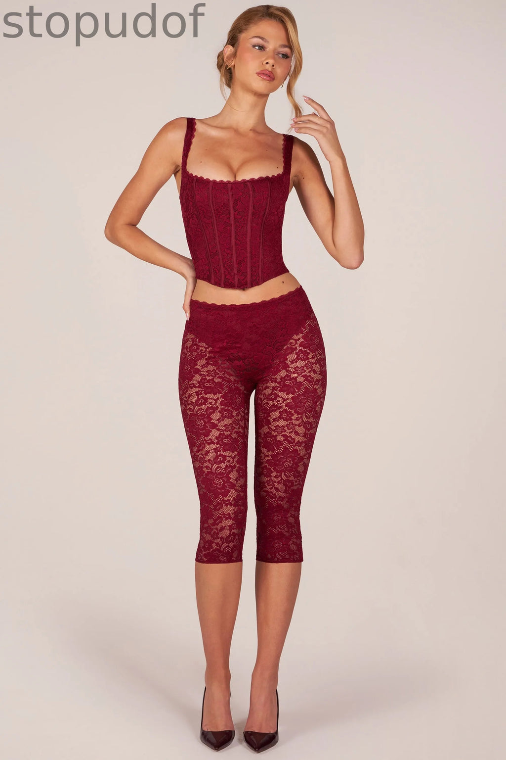 Laced Capri Trousers  in Cherry Red
