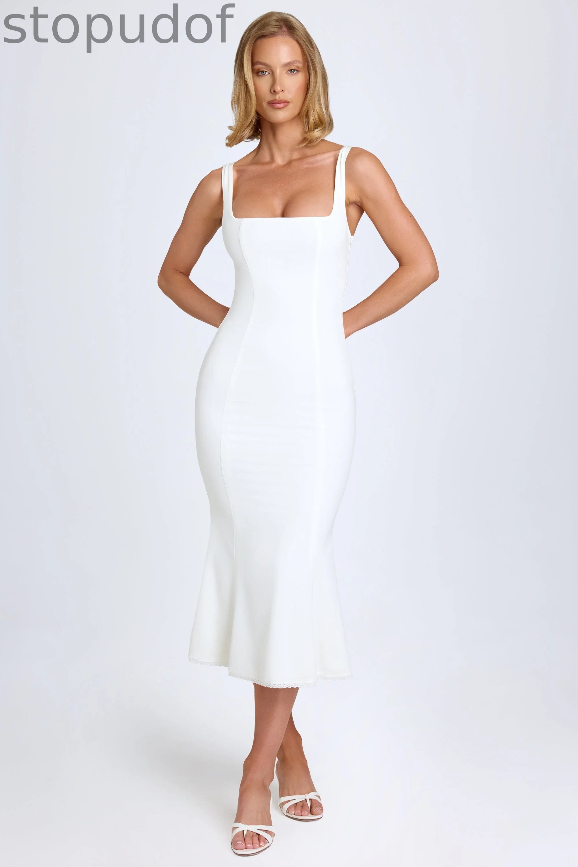 Lace-Trim Midaxi Dress in White