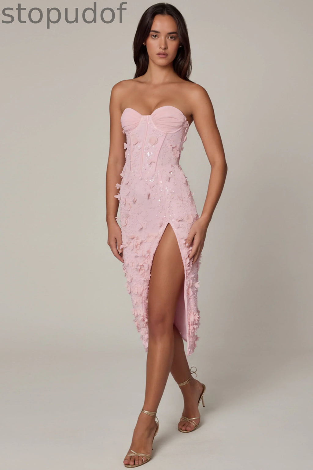 Lace-Up Corset Midaxi Dress with Split in Soft Pink
