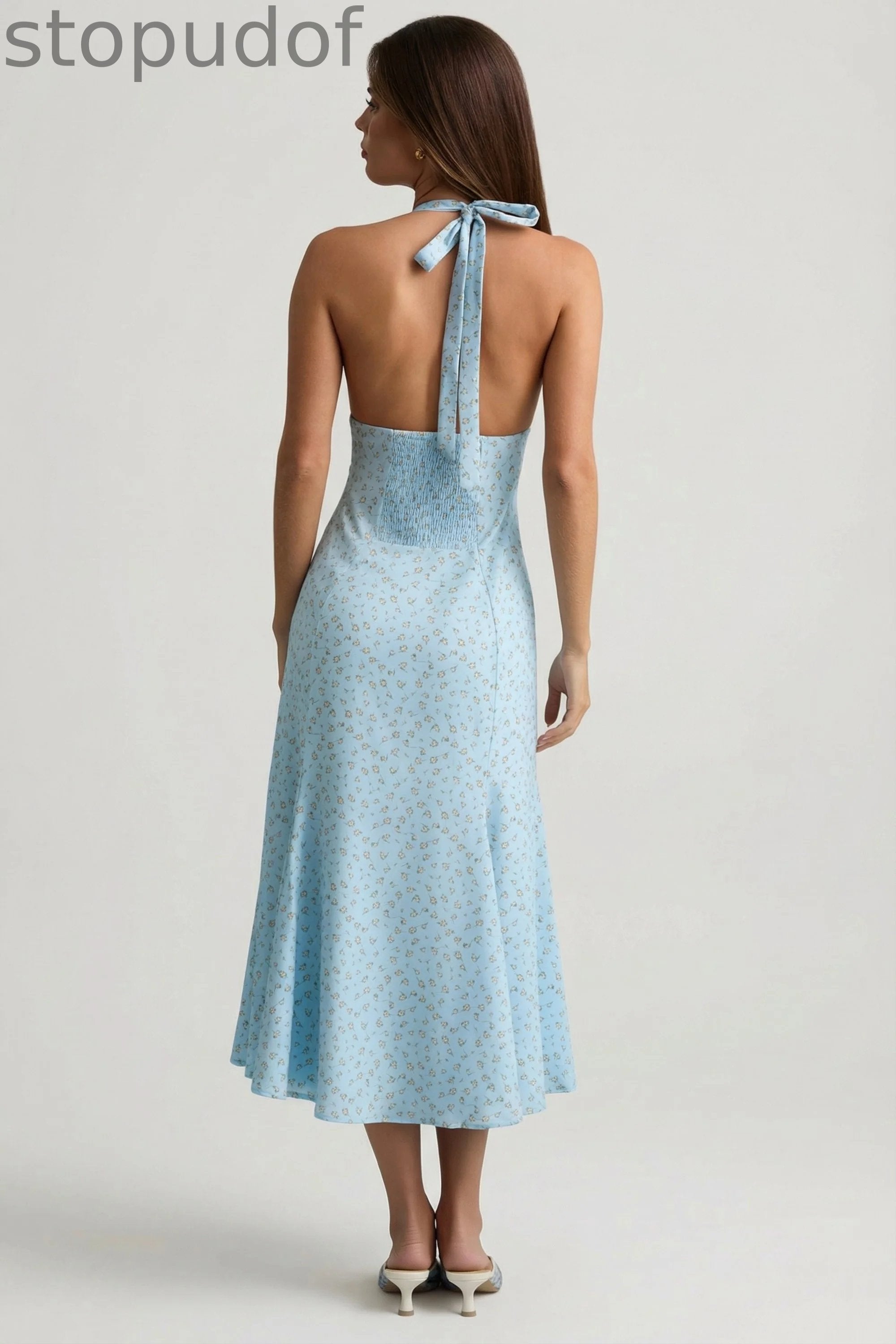 Halterneck Midaxi Dress in Blue Flower Print