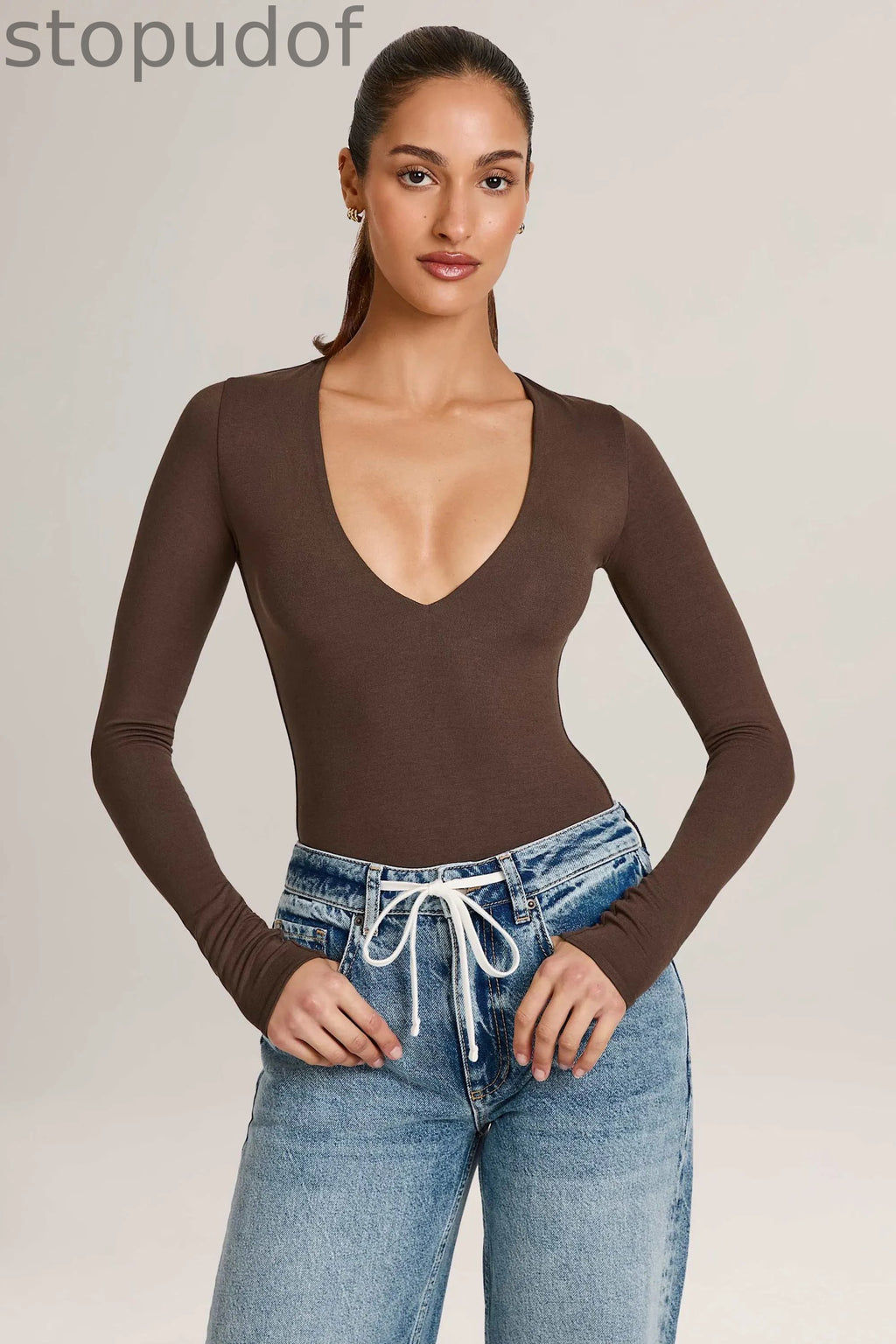 Modal Plunge Long-Sleeve Bodysuit in Chocolate Brown
