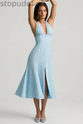 Halterneck Midaxi Dress in Blue Flower Print