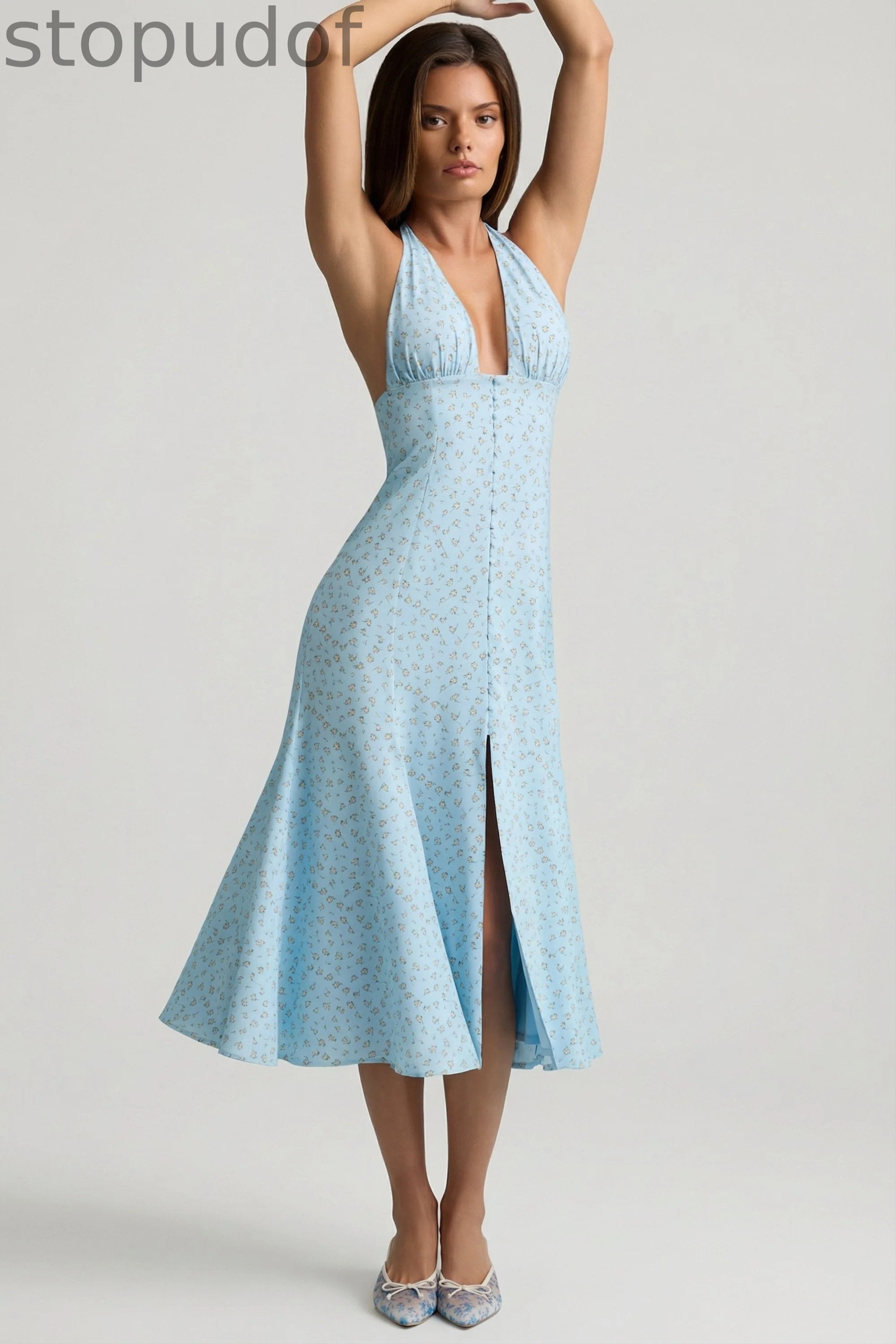 Halterneck Midaxi Dress in Blue Flower Print