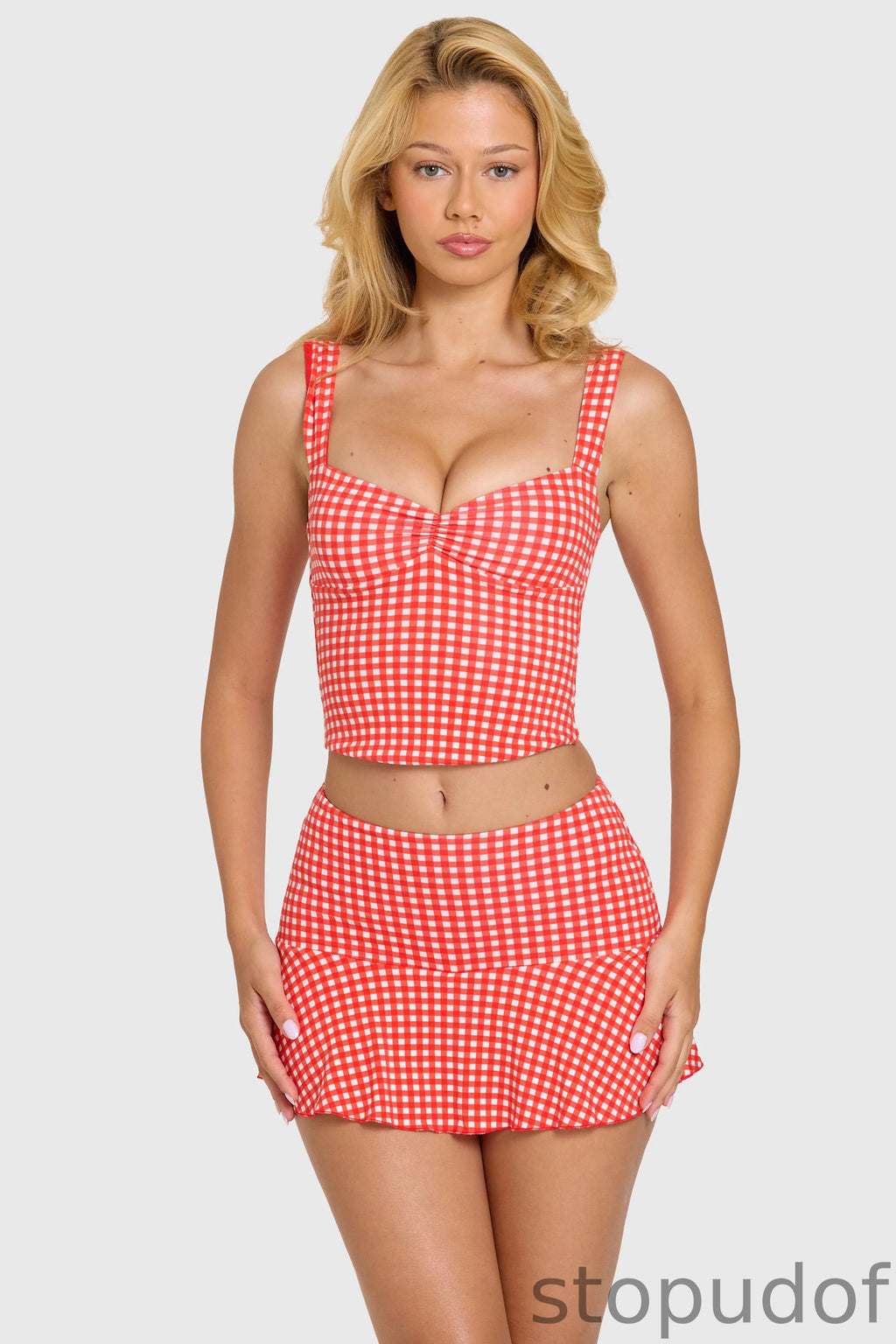 Modal Ruched Bust Top in Red Gingham