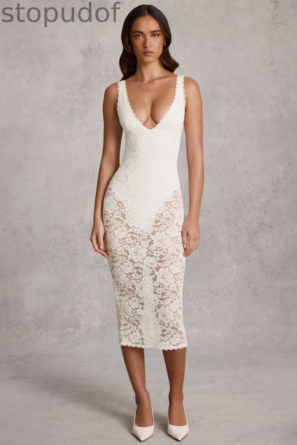Sheer Lace Scalloped Plunge Bodysuit Midaxi Dress in White