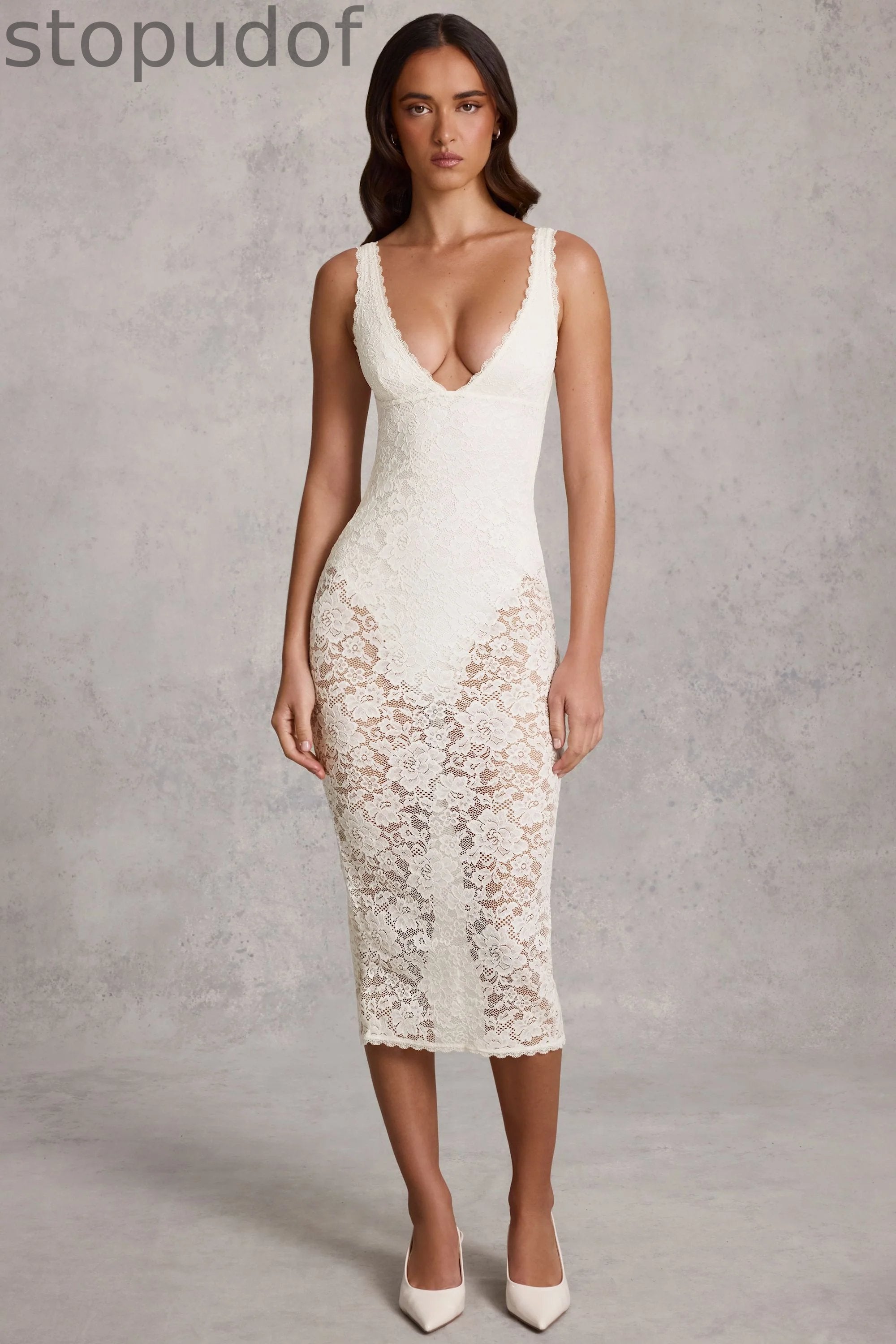 Sheer Lace Scalloped Plunge Bodysuit Midaxi Dress in White
