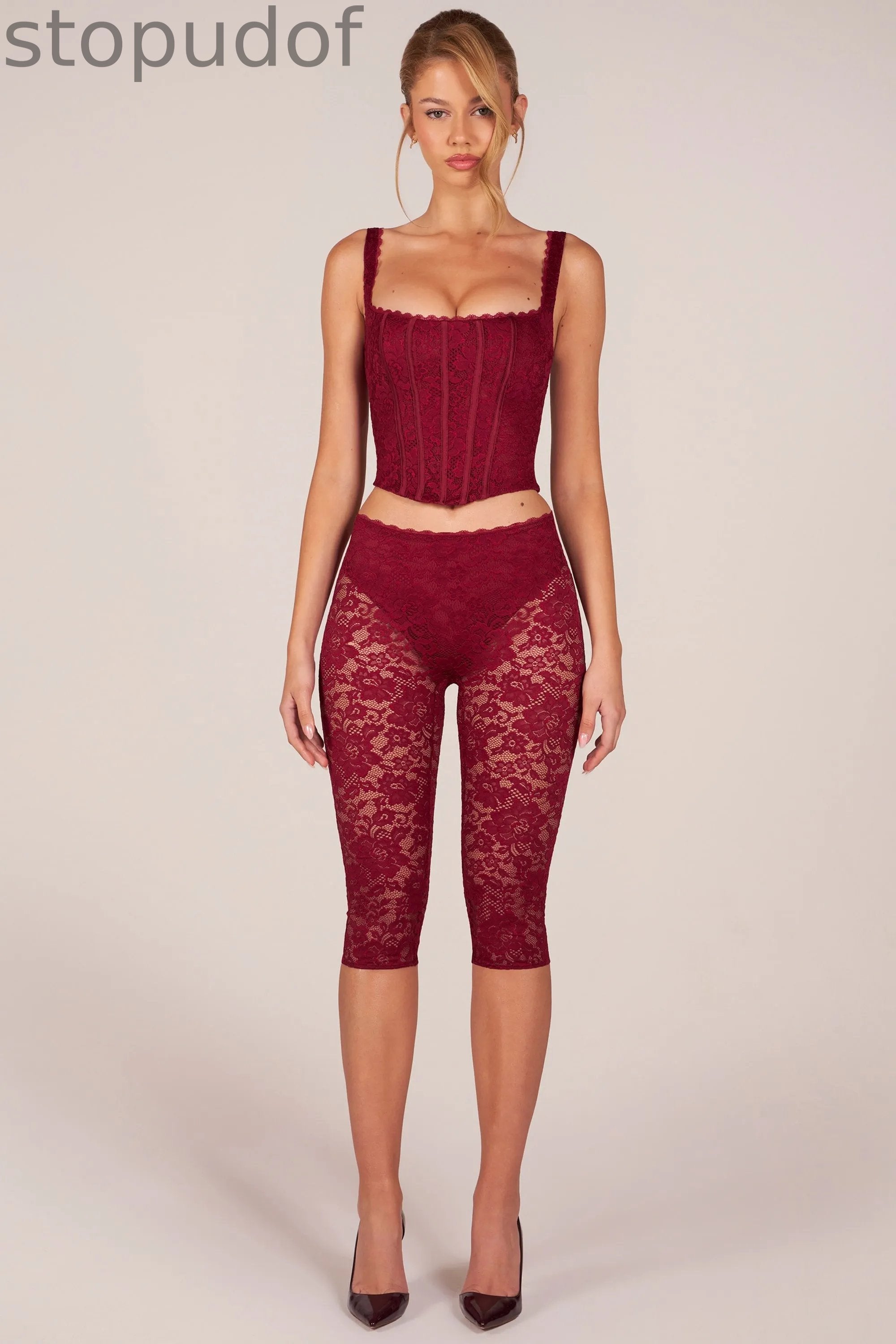 Laced Capri Trousers  in Cherry Red