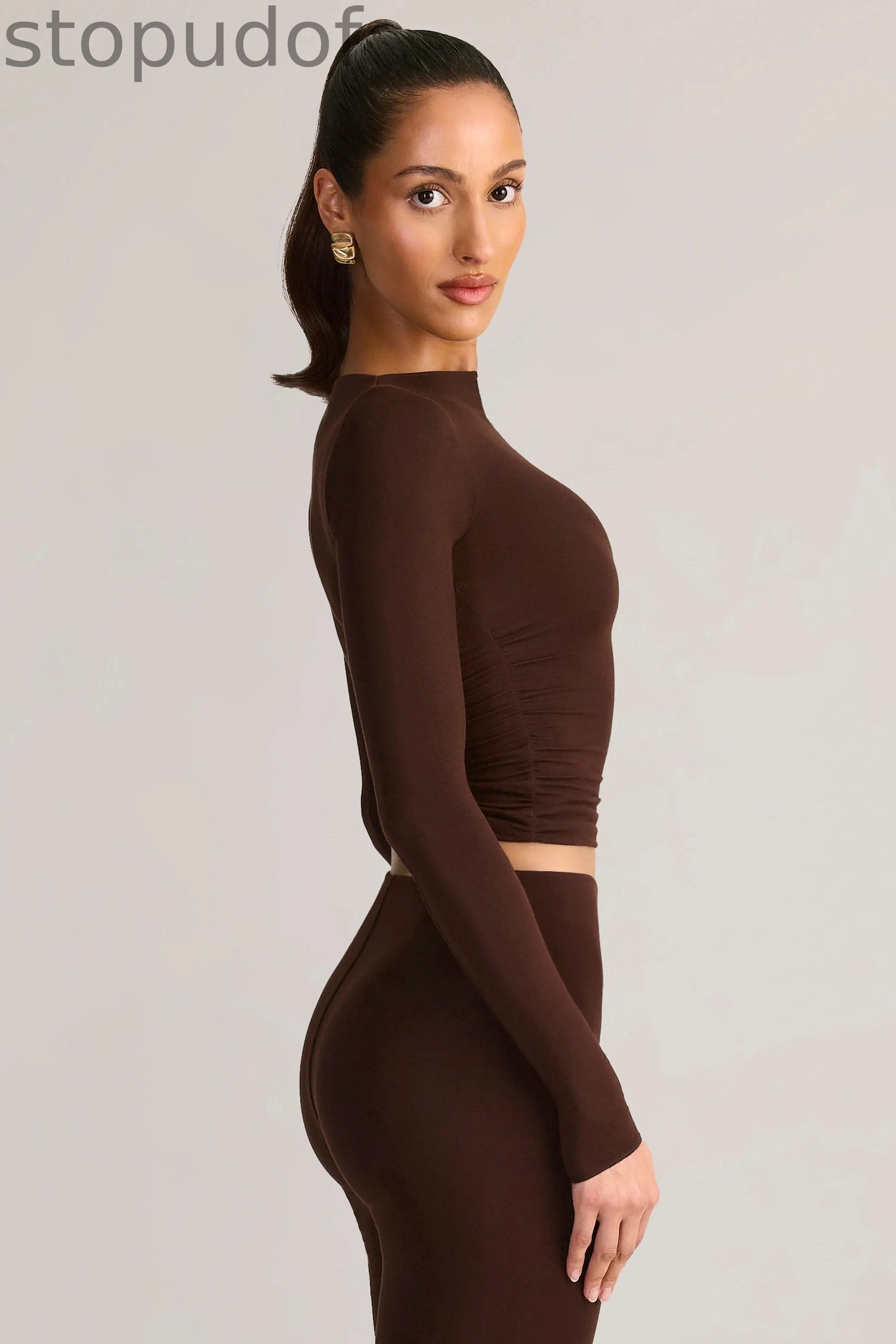 Modal Ruched Long-Sleeve Top in Chocolate Brown