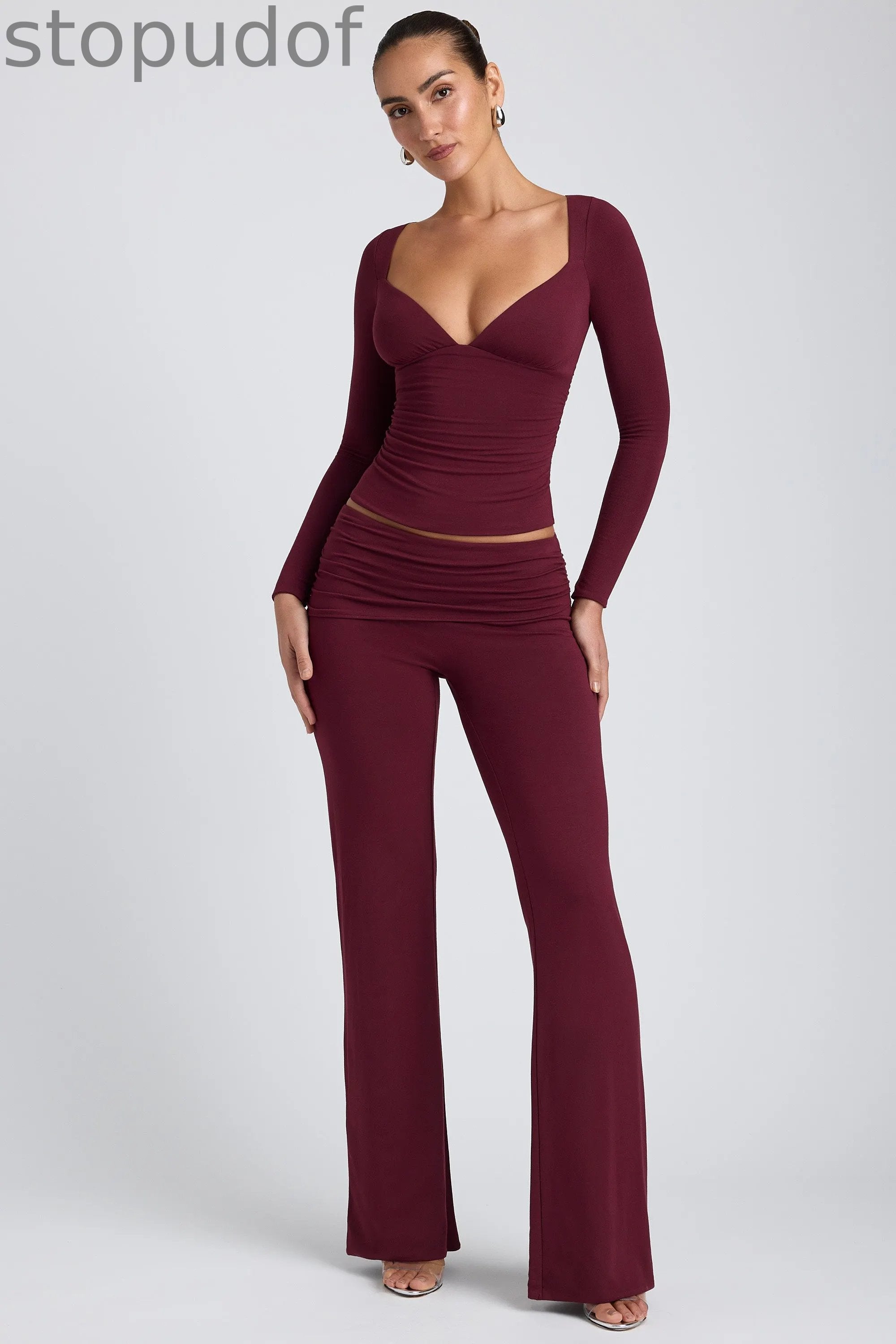 Modal Ruched Long-Sleeve Top in Plum