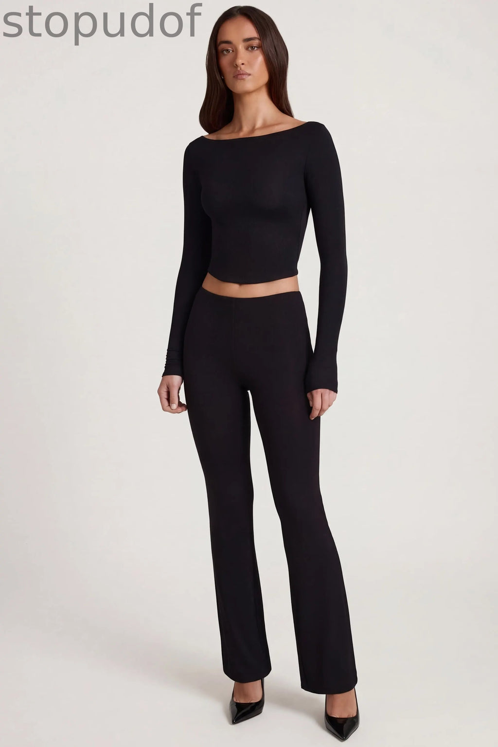 Modal Mid-Rise Flared Trousers in Black