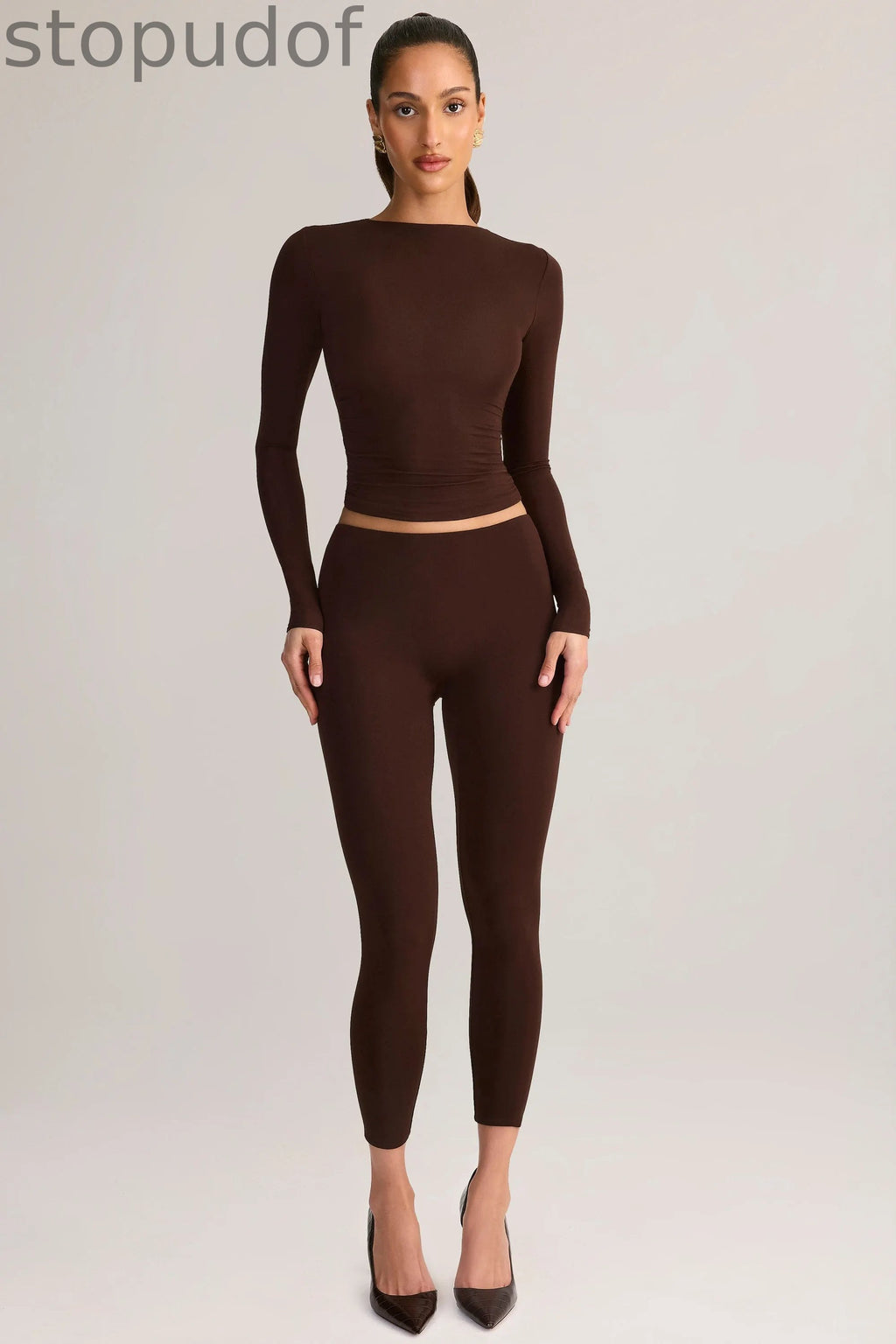 Modal Ruched Long-Sleeve Top in Chocolate Brown