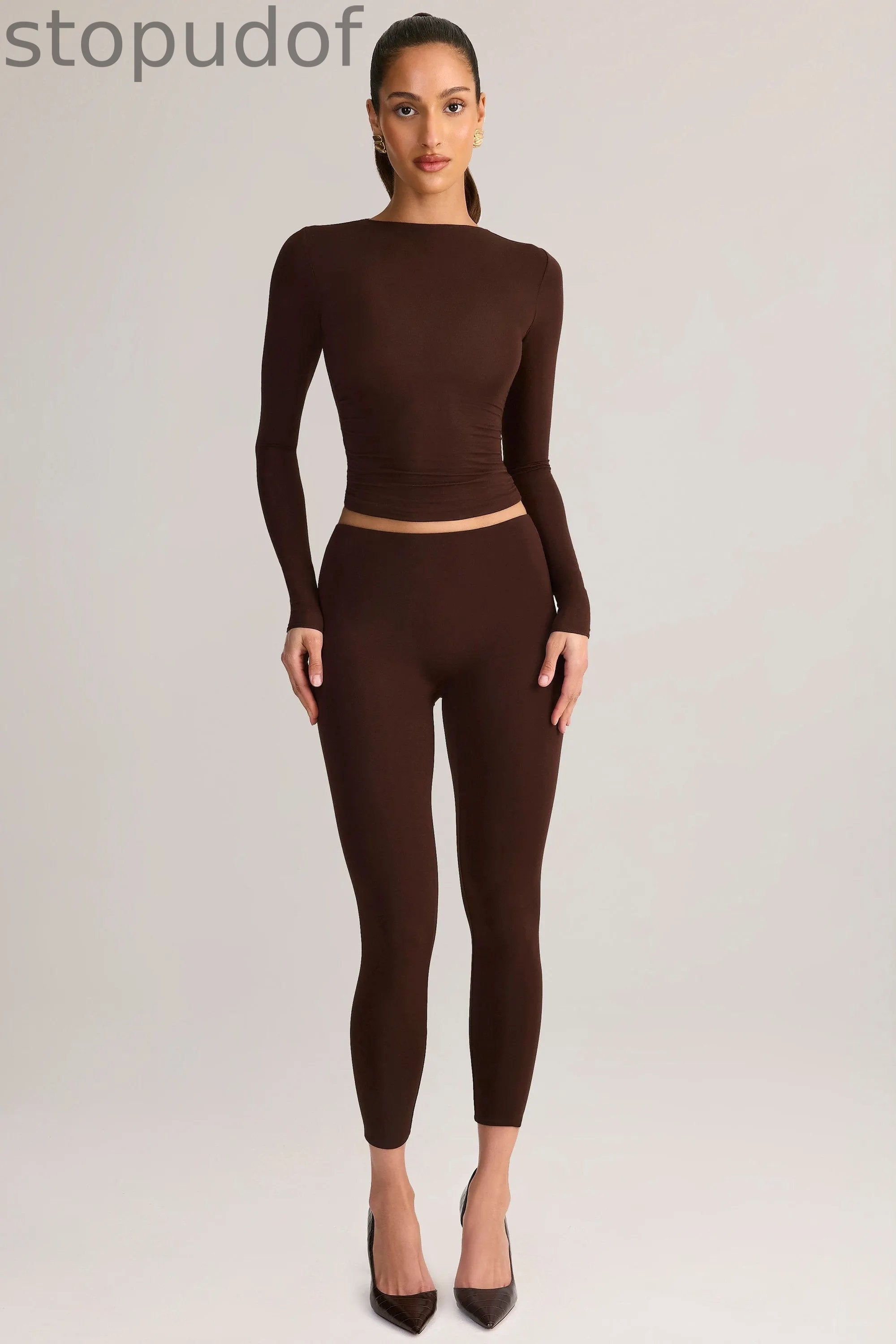 Modal Ruched Long-Sleeve Top in Chocolate Brown