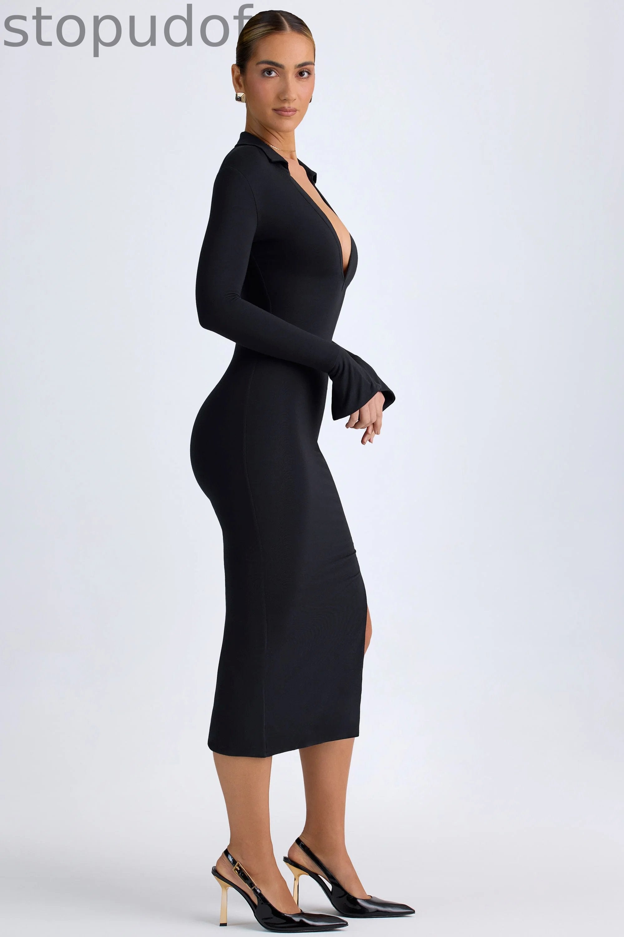 Modal Plunge V-Neck Midaxi Dress in Black