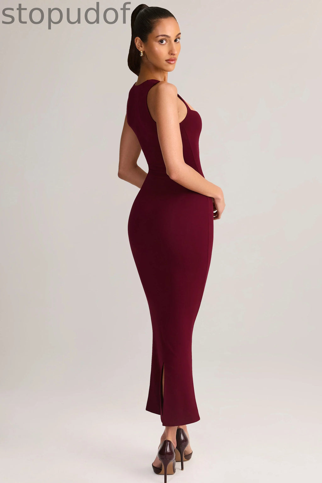 Modal Square-Neck Bodycon Midi Dress in Wine