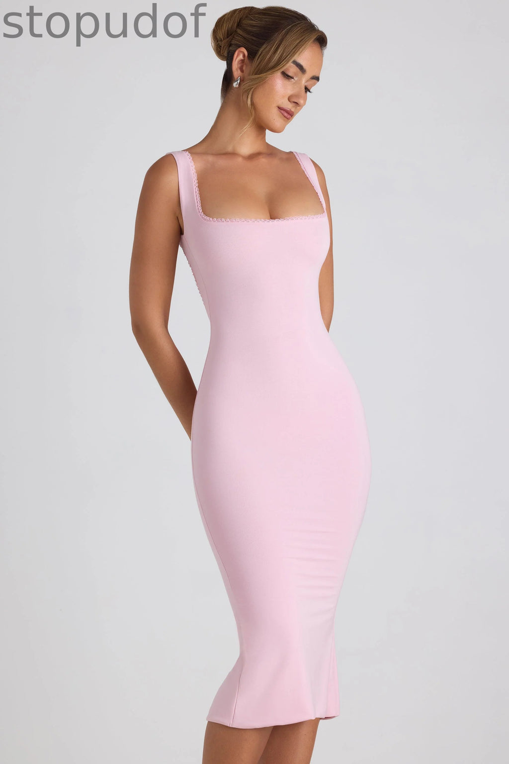 Modal Lace-Trim Midaxi Dress in Soft Pink